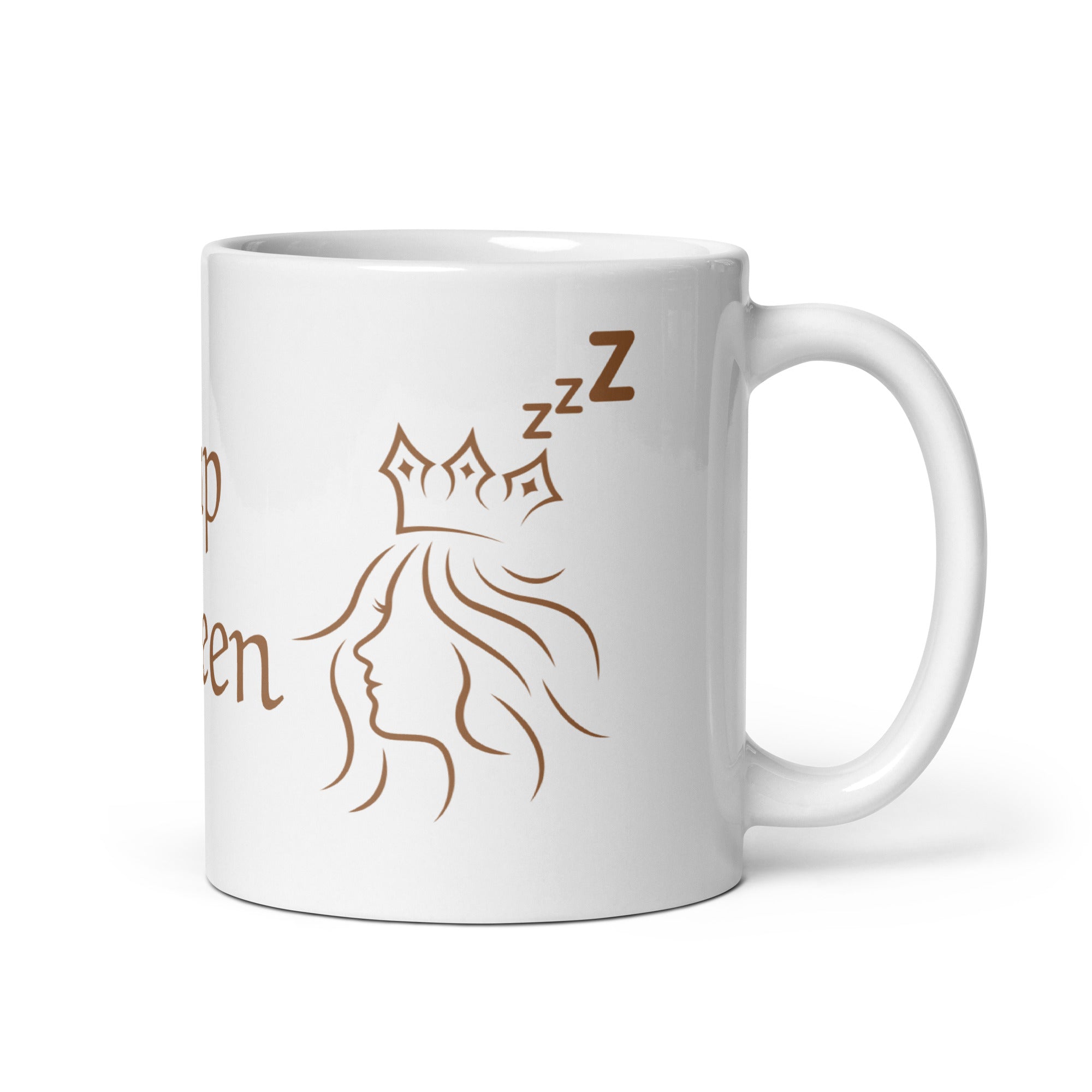 White mug with brown logo and text on a white background