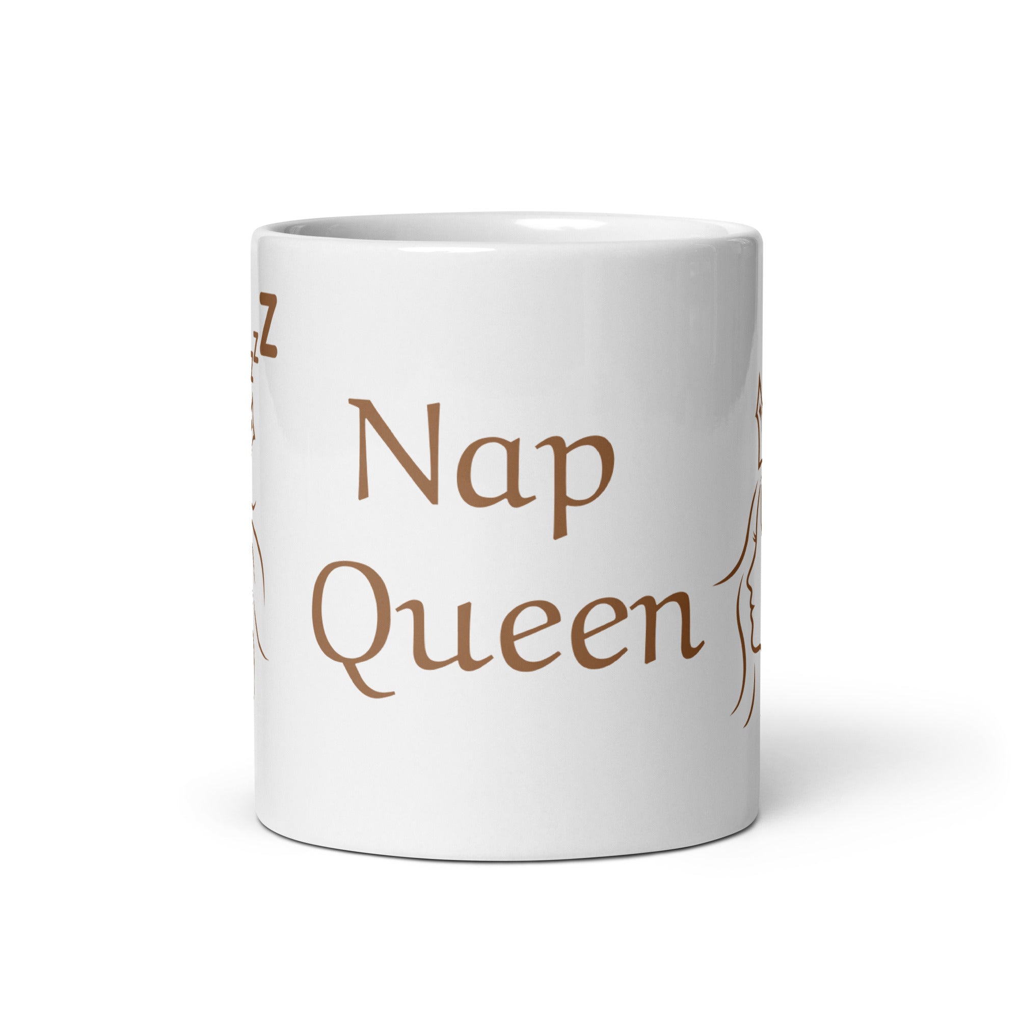 White mug with 'Nap Queen' text in brown on a white background