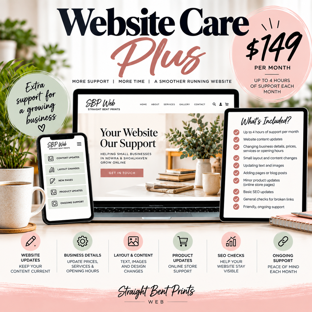 Website Care Plus monthly website maintenance by Straight Bent Prints Web for small businesses in Nowra and Shoalhaven