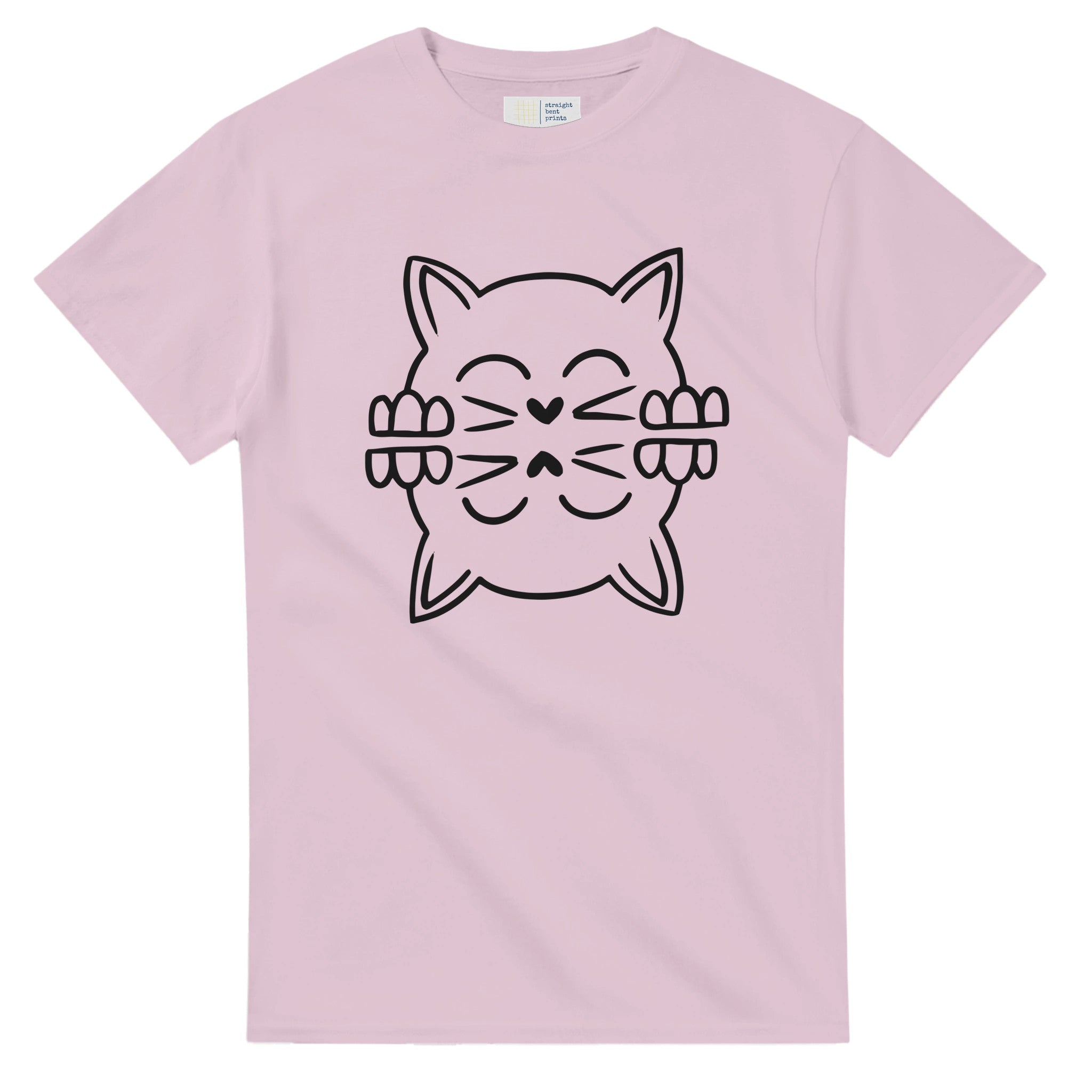 Pink t-shirt with a black cat graphic design on a white background