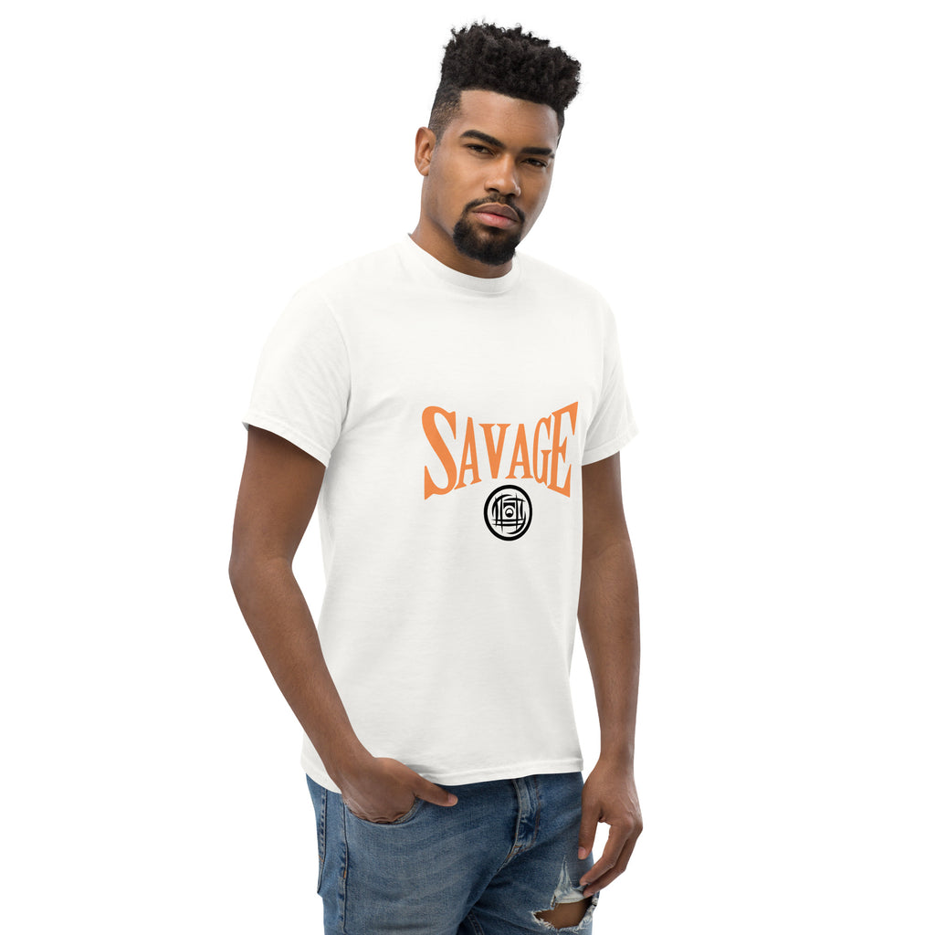 Man wearing a white t-shirt with 'SAVAGE' printed in orange on a white background