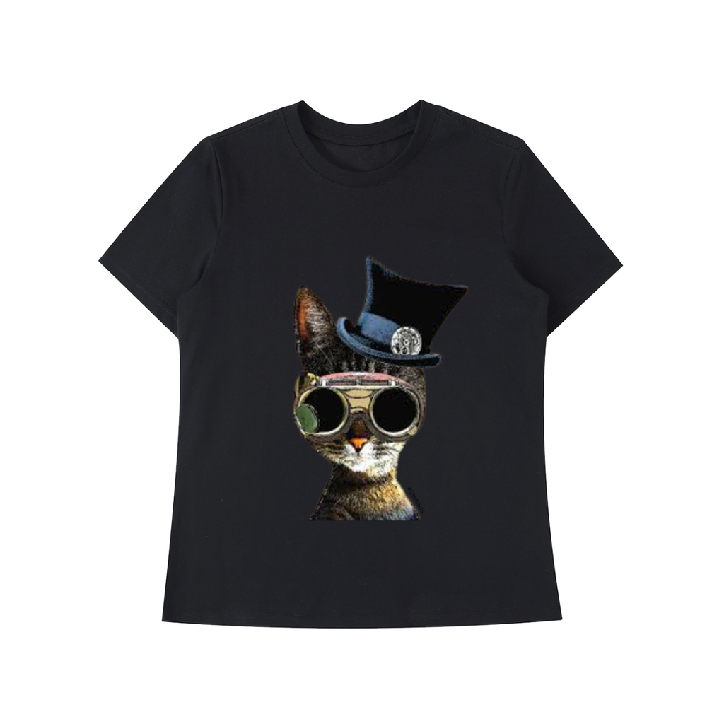 Black t-shirt with a cat wearing sunglasses and a top hat design on a white background
