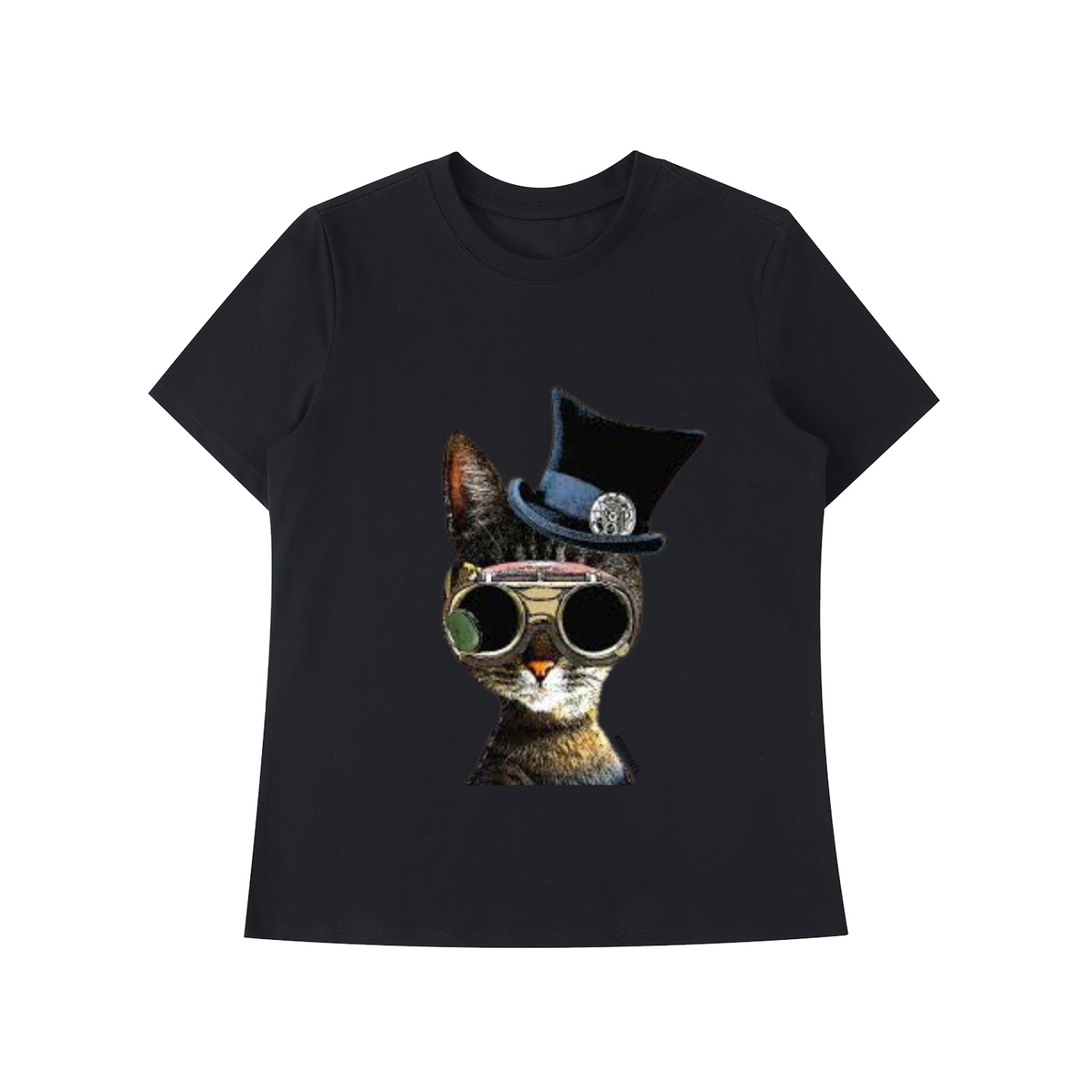 Black t-shirt with a cat wearing sunglasses and a top hat design on a white background