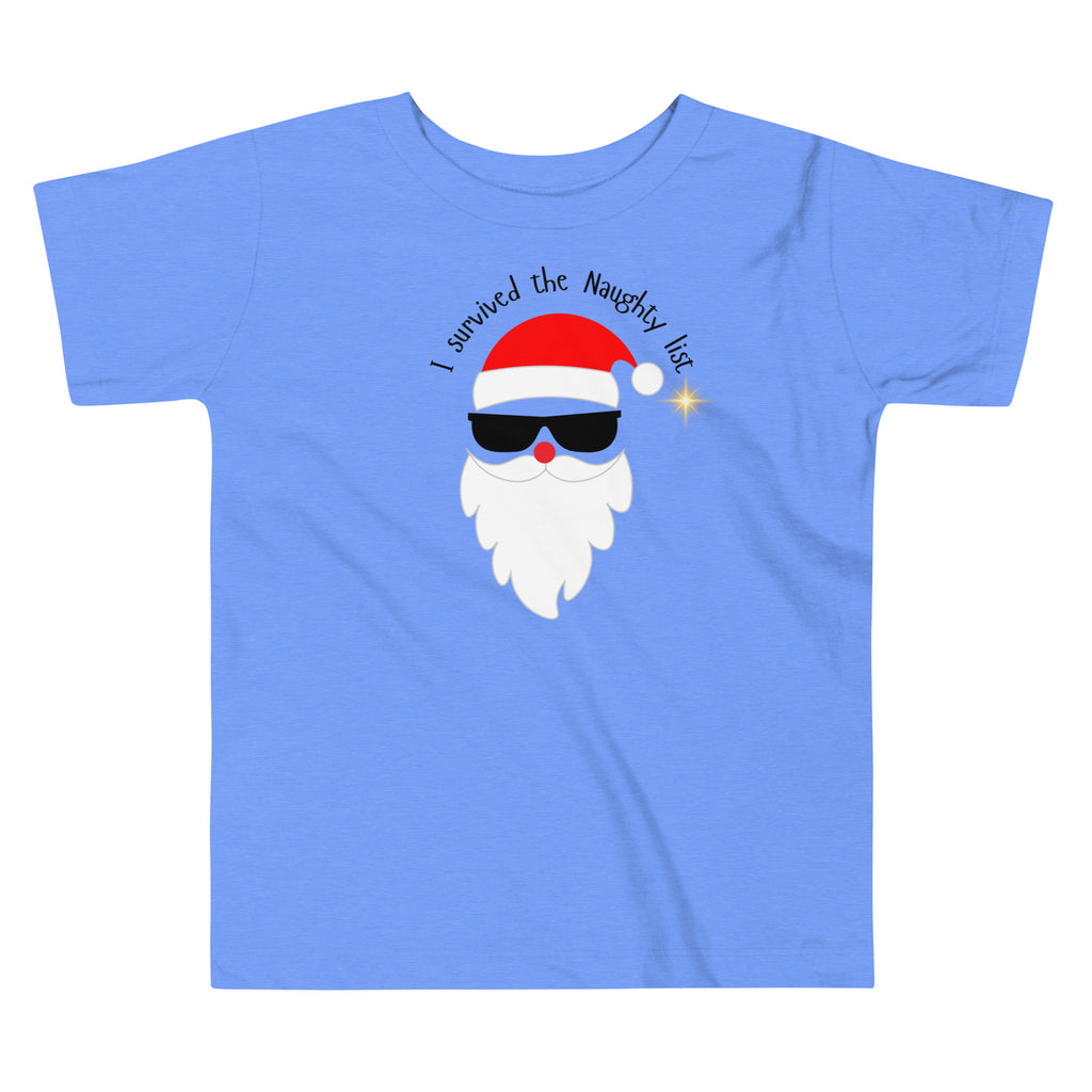 Blue t-shirt with a cartoon Santa Claus design and text on a white background