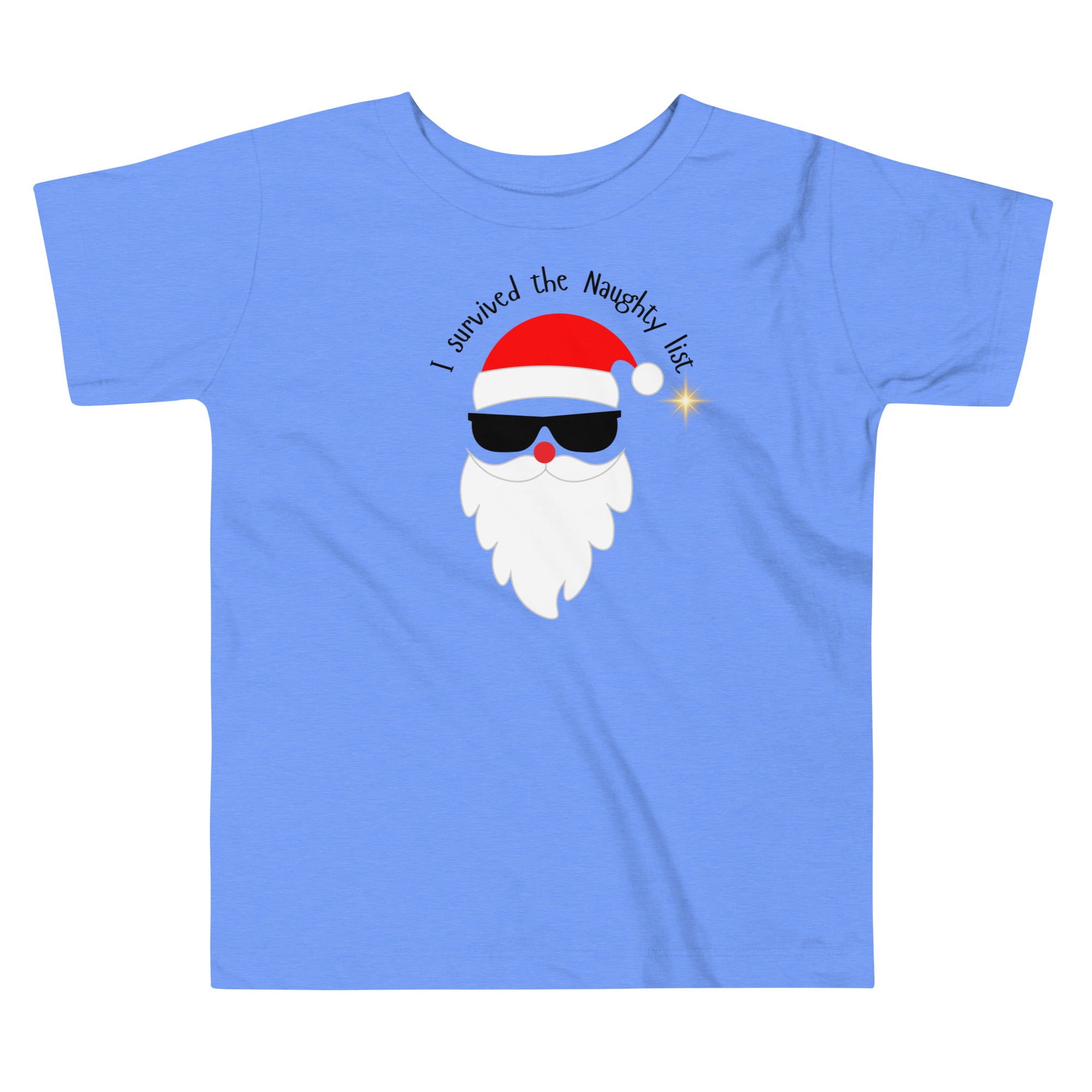 Blue t-shirt with a cartoon Santa Claus design and text on a white background