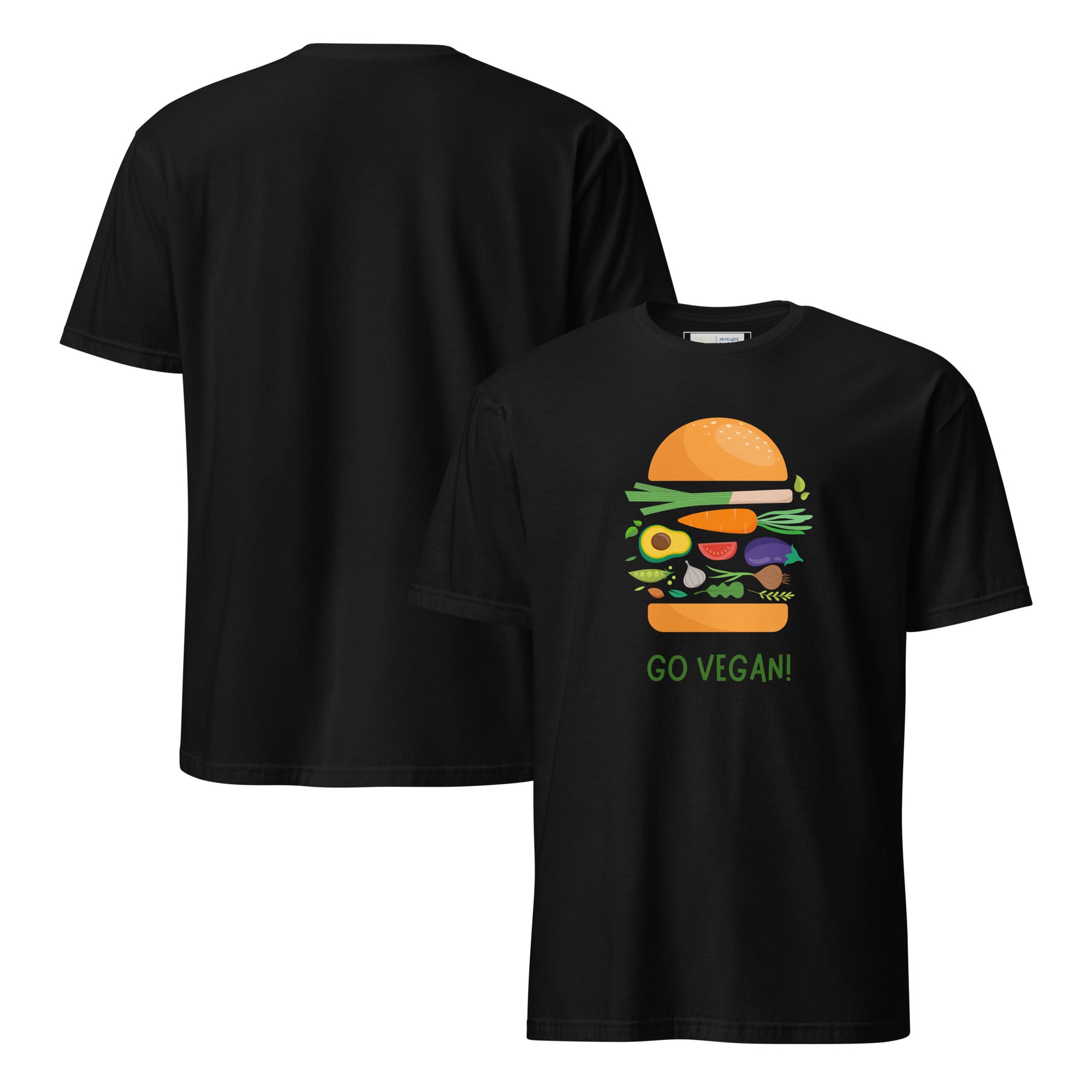 Black t-shirt with a graphic design on the front, displayed against a white background.