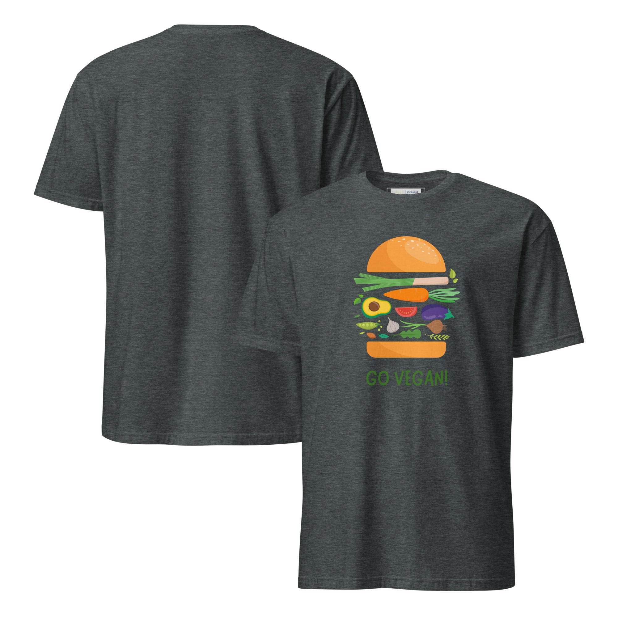 Dark gray t-shirt with a graphic of a burger and vegetables, and 'Go Vegan!' text on a white background.