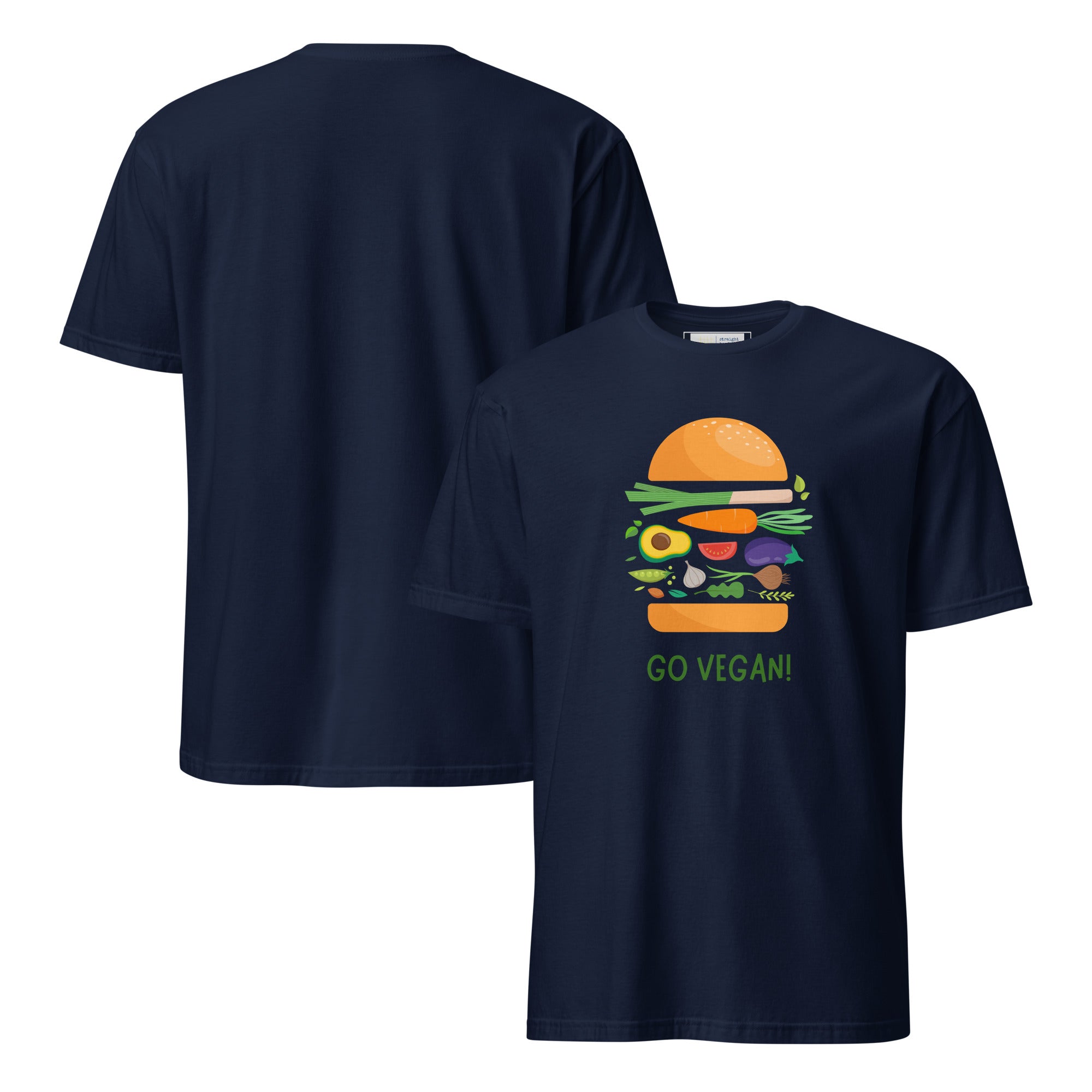 Navy blue t-shirt with a graphic of a burger and 'Go Vegan!' text on a white background