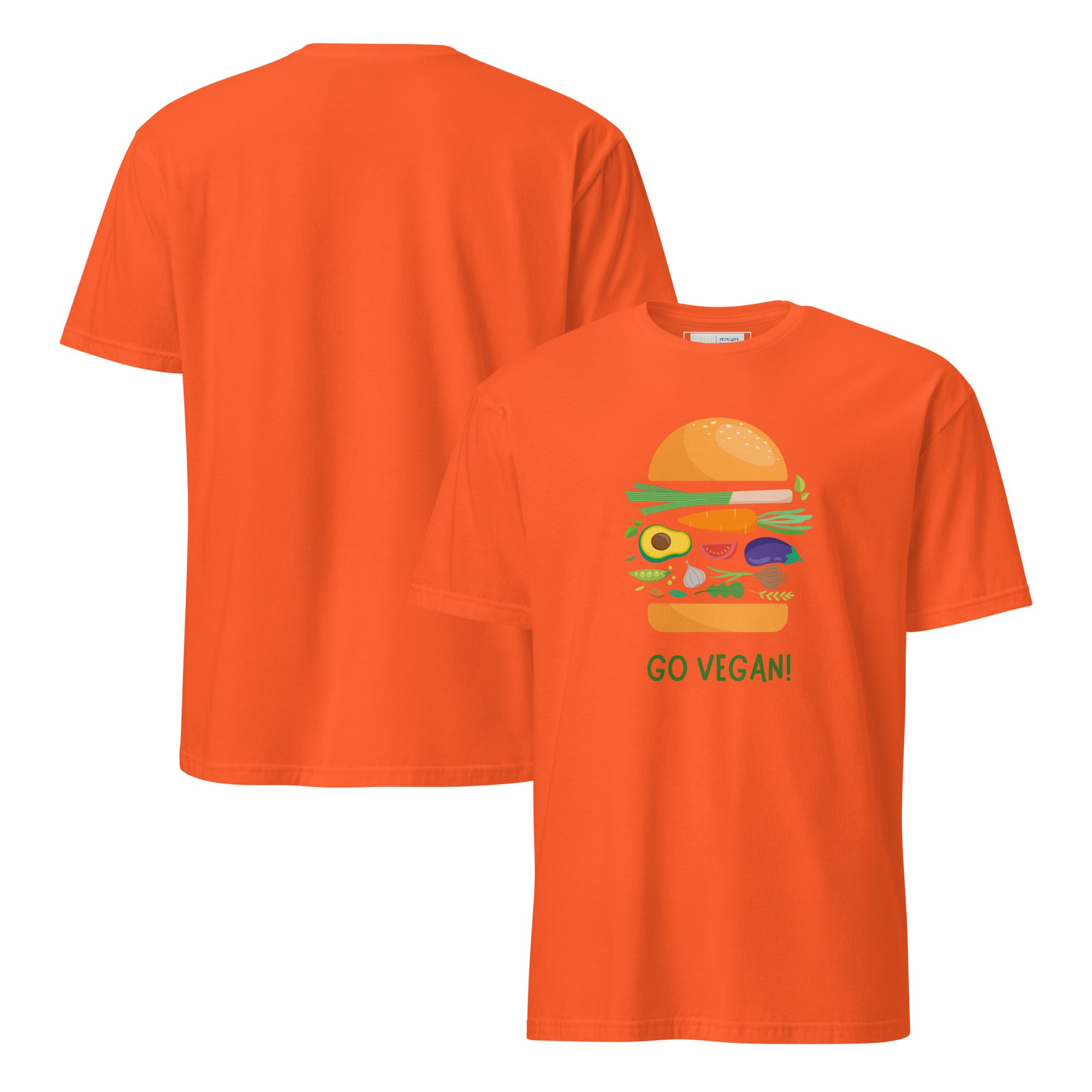Orange t-shirt with a graphic of a burger and 'GO VEGAN!' text on a white background