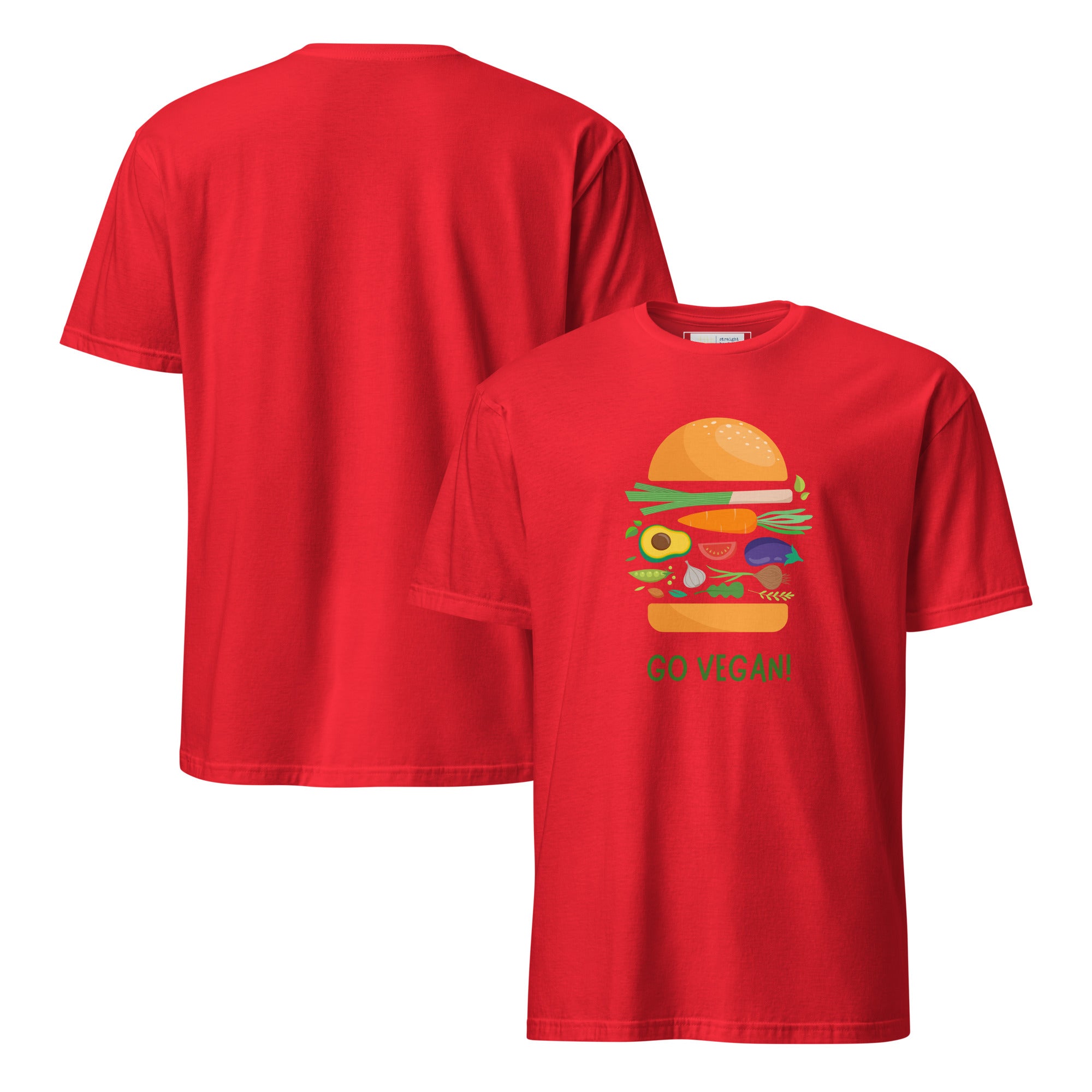 Red t-shirt with a graphic of a burger and 'Go Vegan' text on a white background