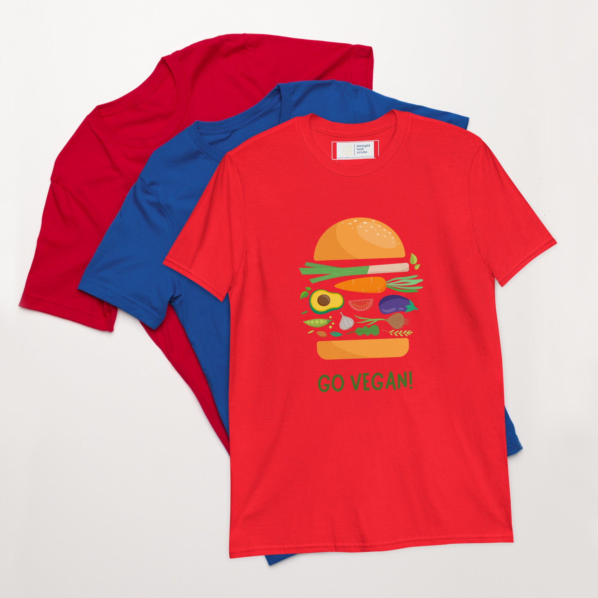 Red and blue t-shirts with a crown design on a white background