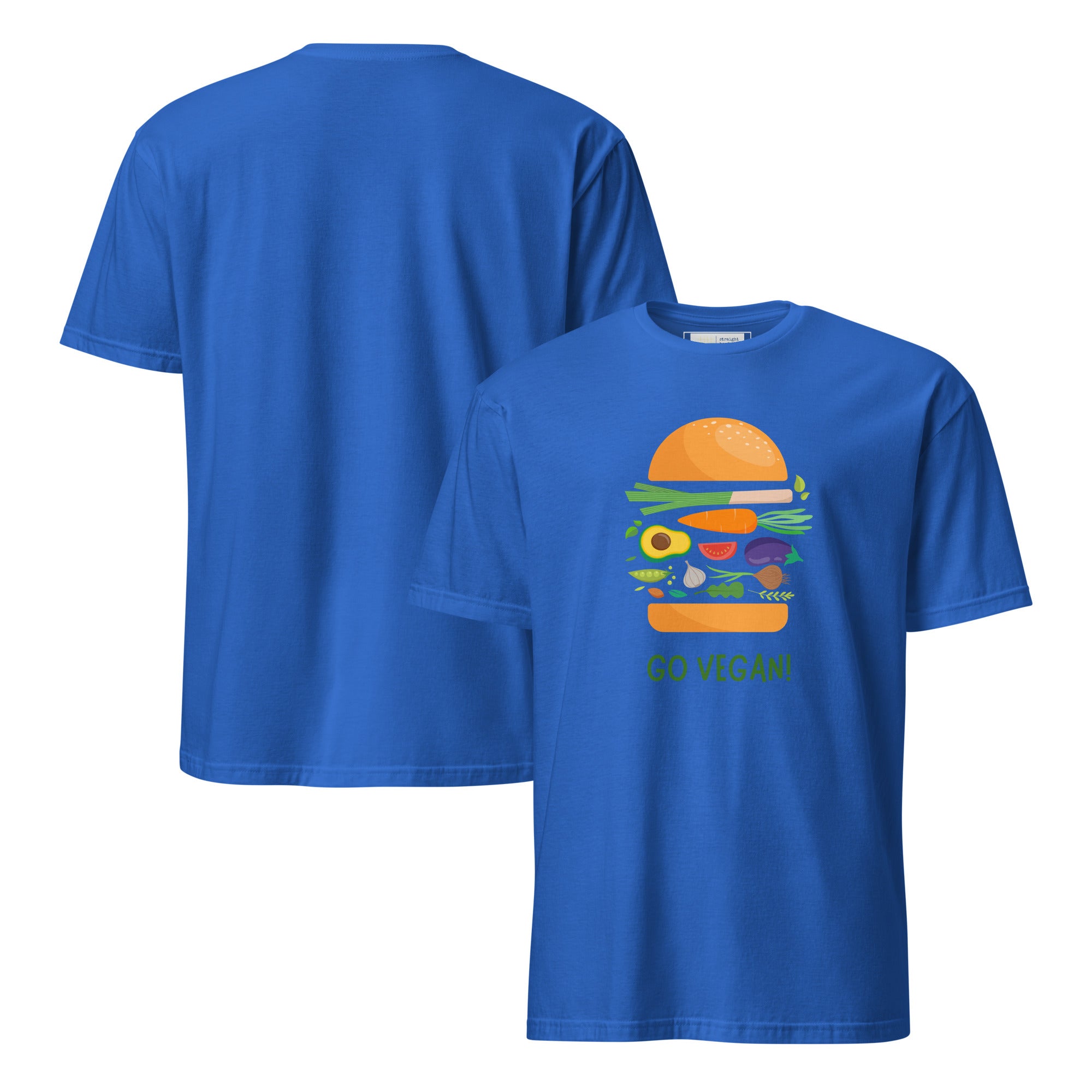 Blue t-shirt with a vegan burger graphic and 'Go Vegan' text on a white background