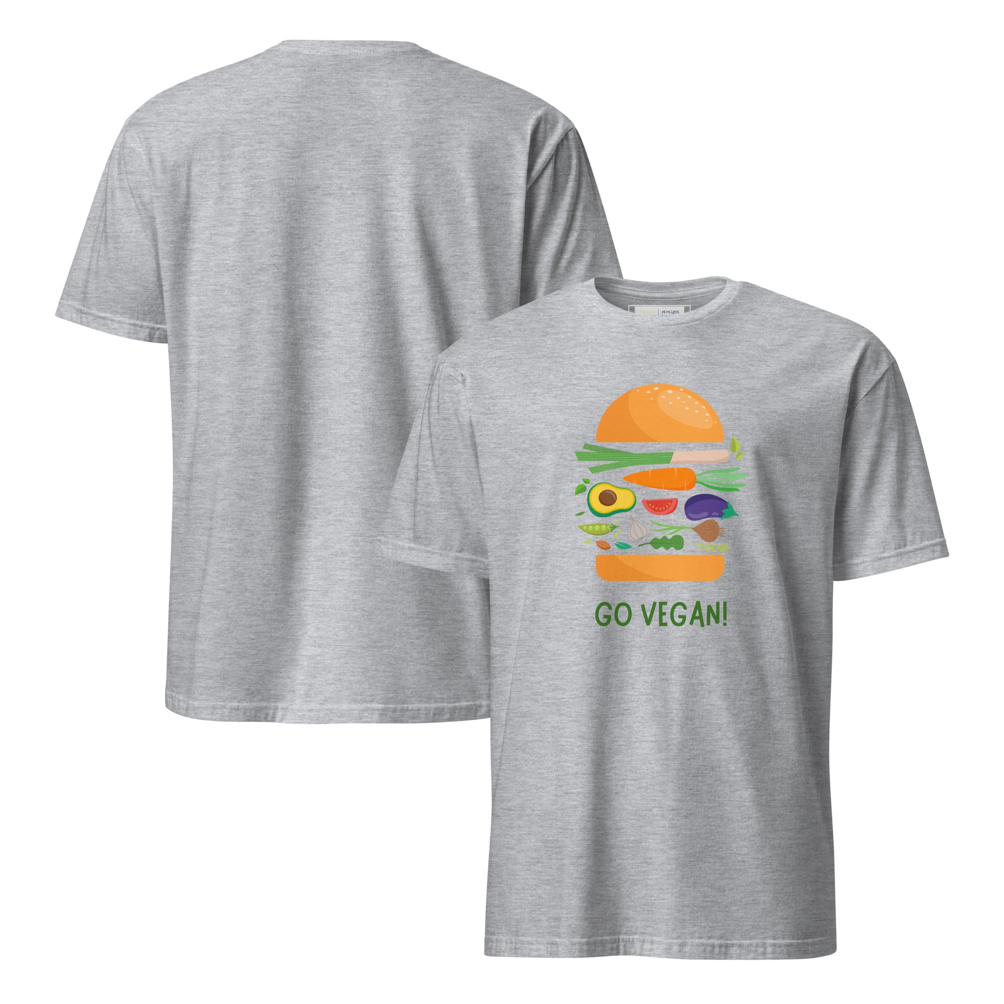 Gray t-shirt with a graphic of a burger and 'Go Vegan!' text on the front, displayed on a white background.