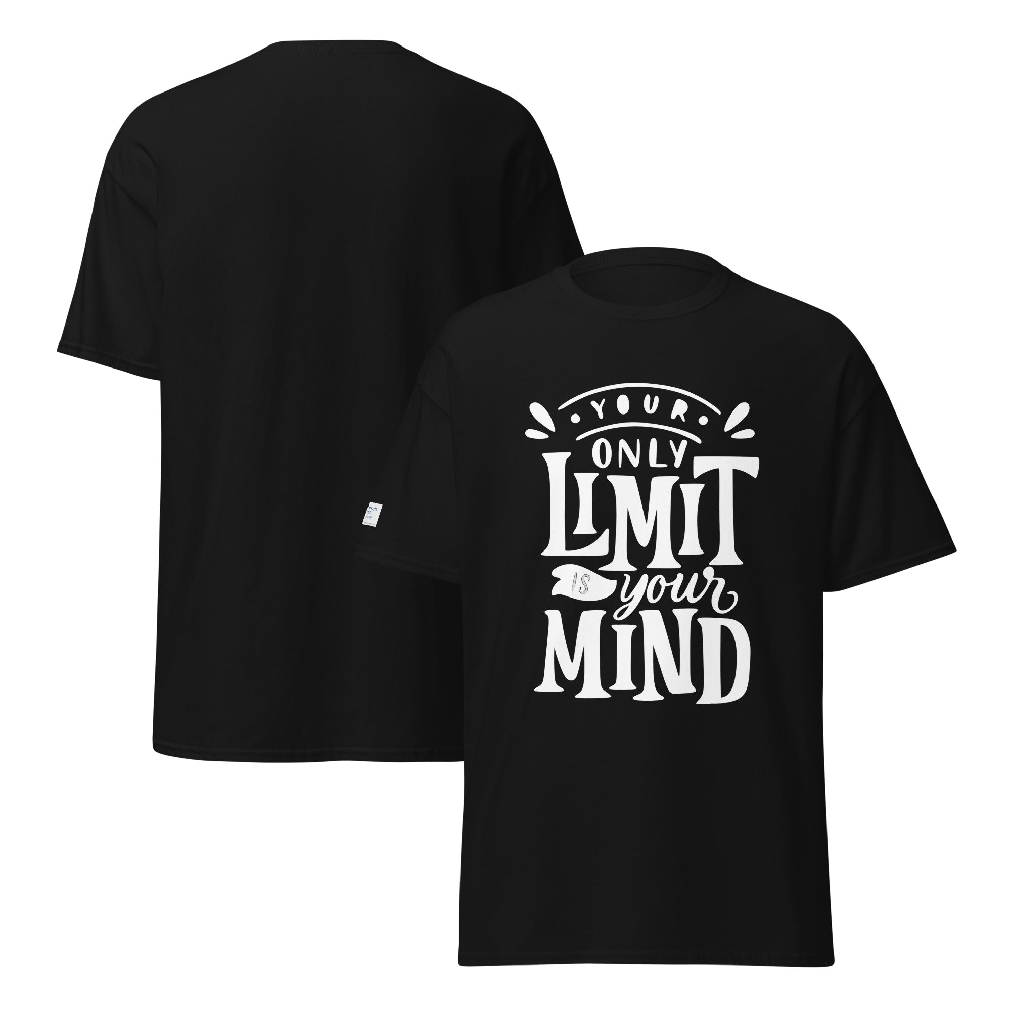 Black t-shirt with white motivational text design on a white background