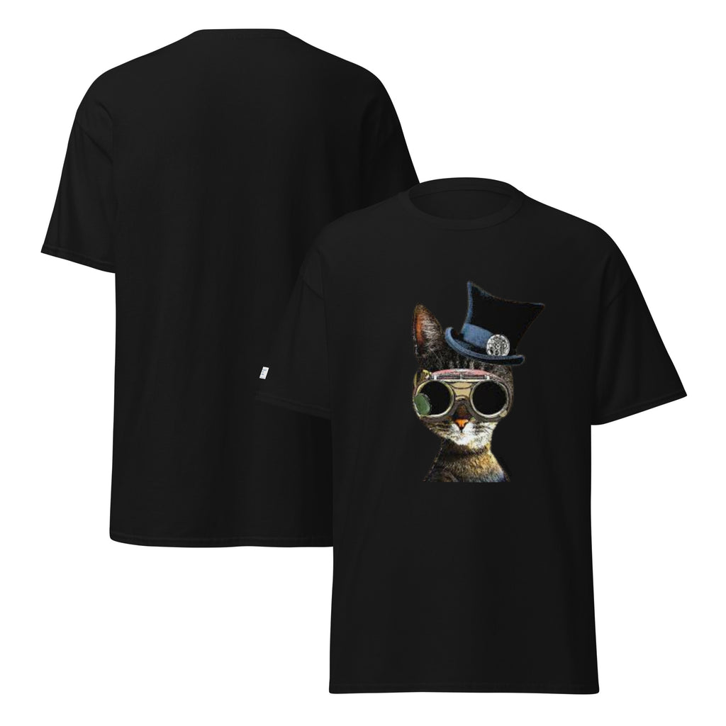 Black t-shirt with a cat wearing sunglasses and a hat design on a white background