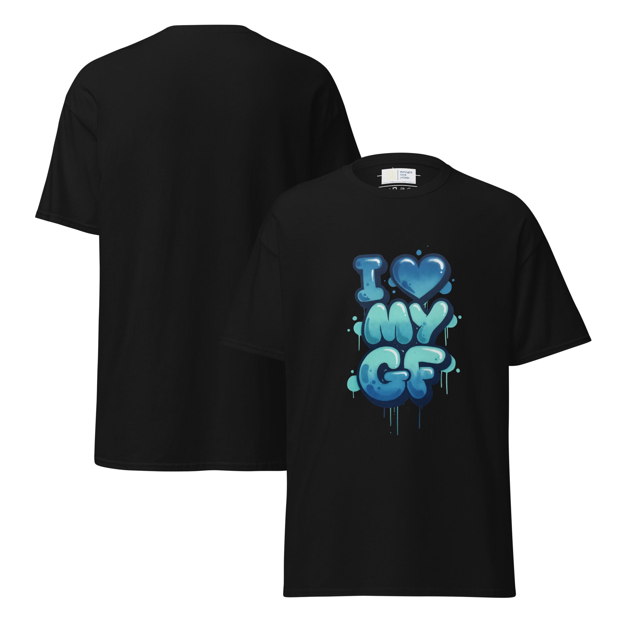 Black t-shirt with blue graphic design on a white background