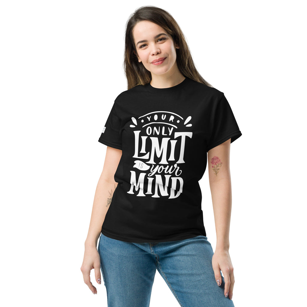 Woman wearing a black t-shirt with 'Your only limit is your mind' text on a white background