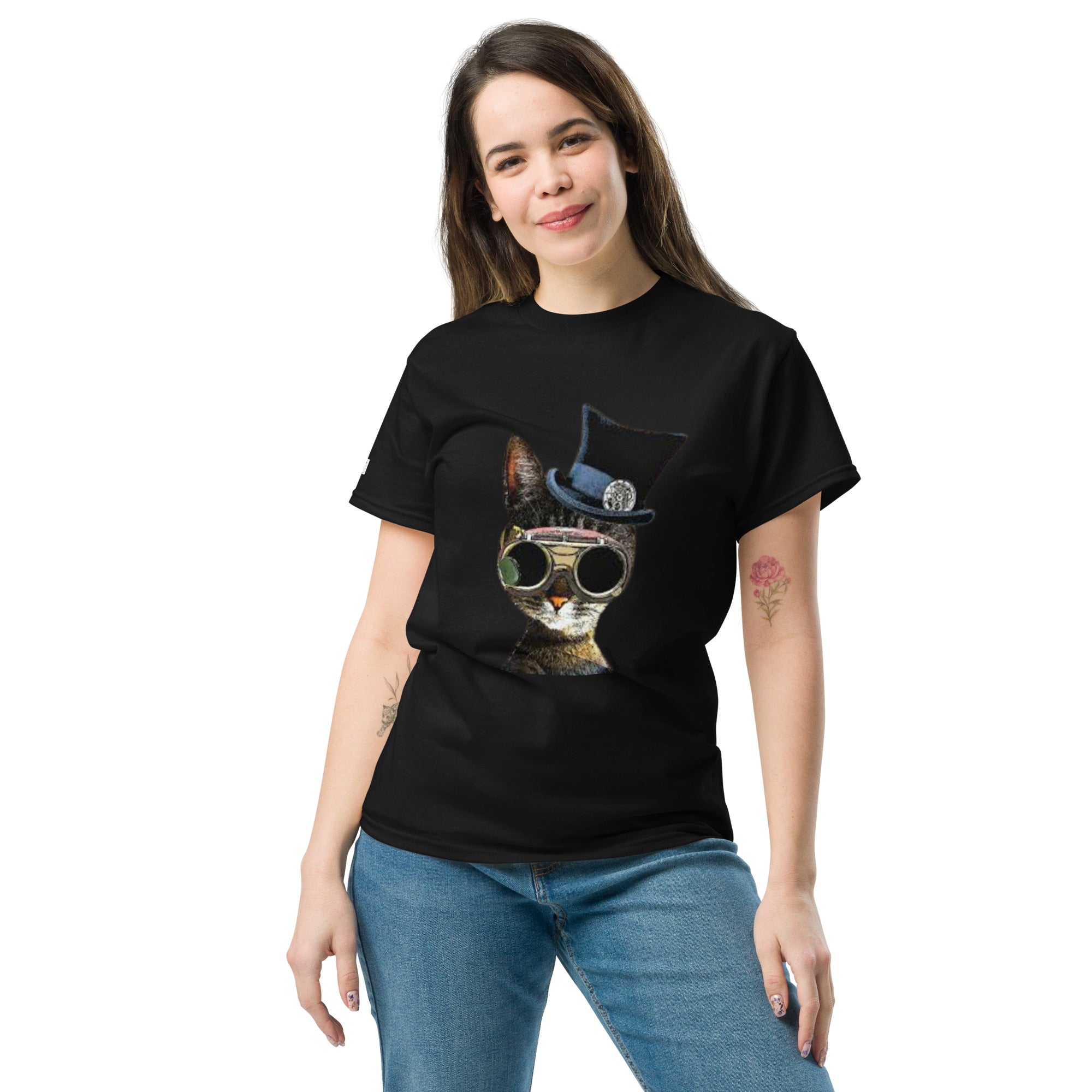 Woman wearing a black t-shirt with a cat graphic design on a white background