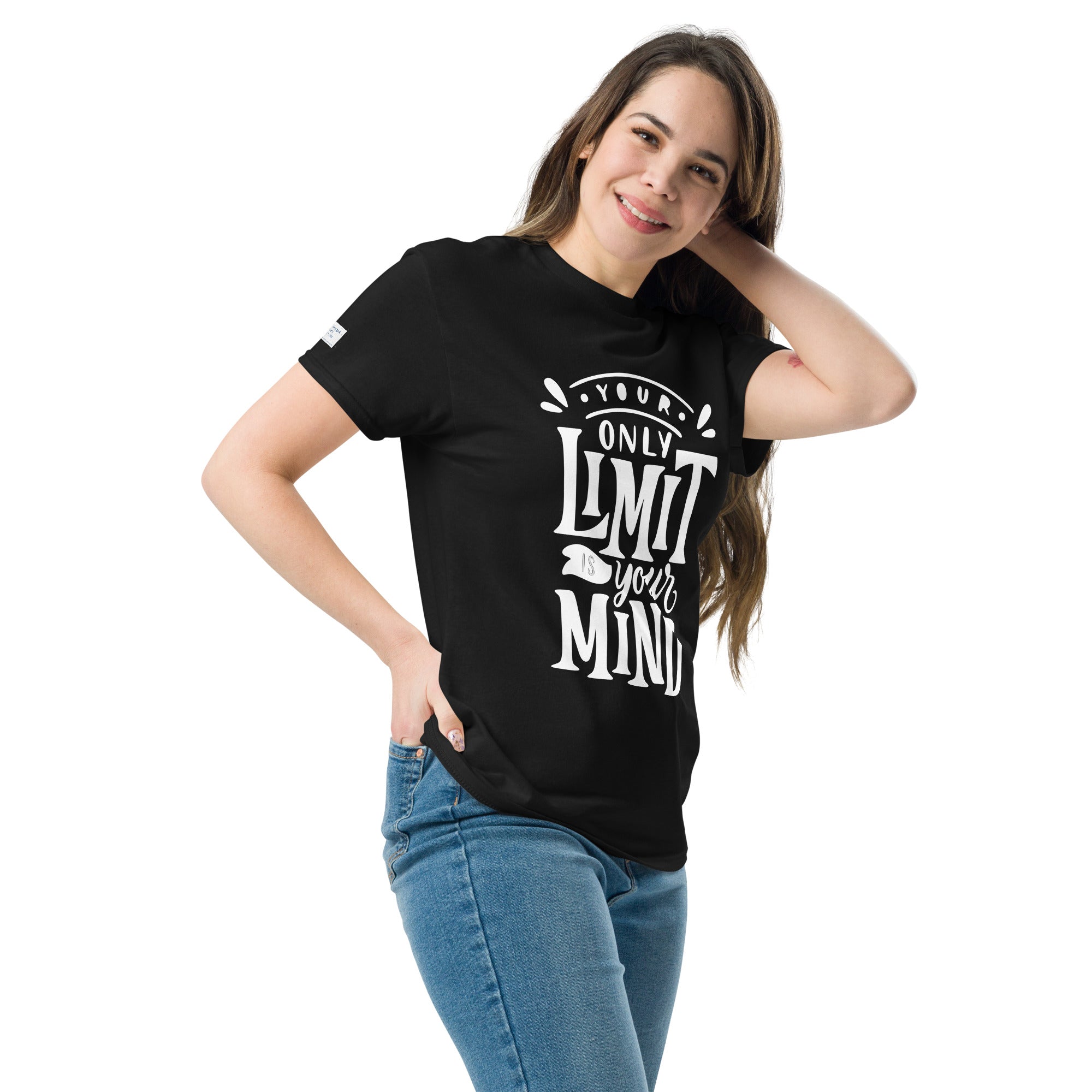 Woman wearing a black t-shirt with motivational quote on a white background