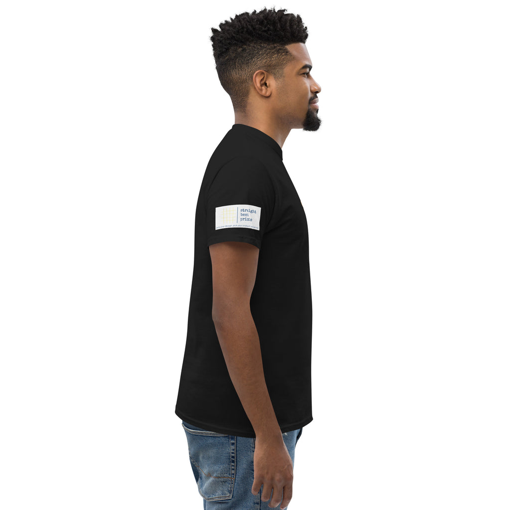 Man wearing a black t-shirt with a white logo on a white background