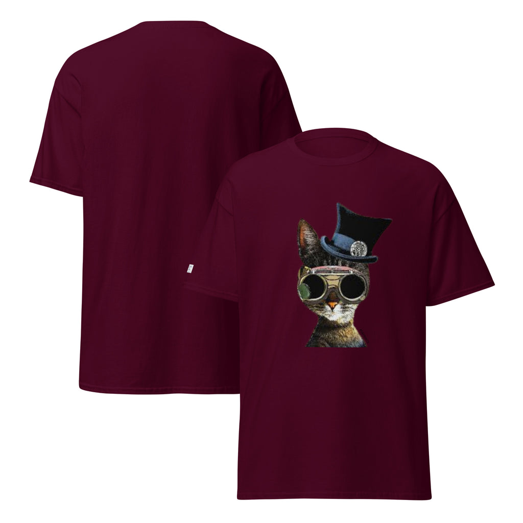 Maroon t-shirt with a cat wearing sunglasses and a top hat on a white background