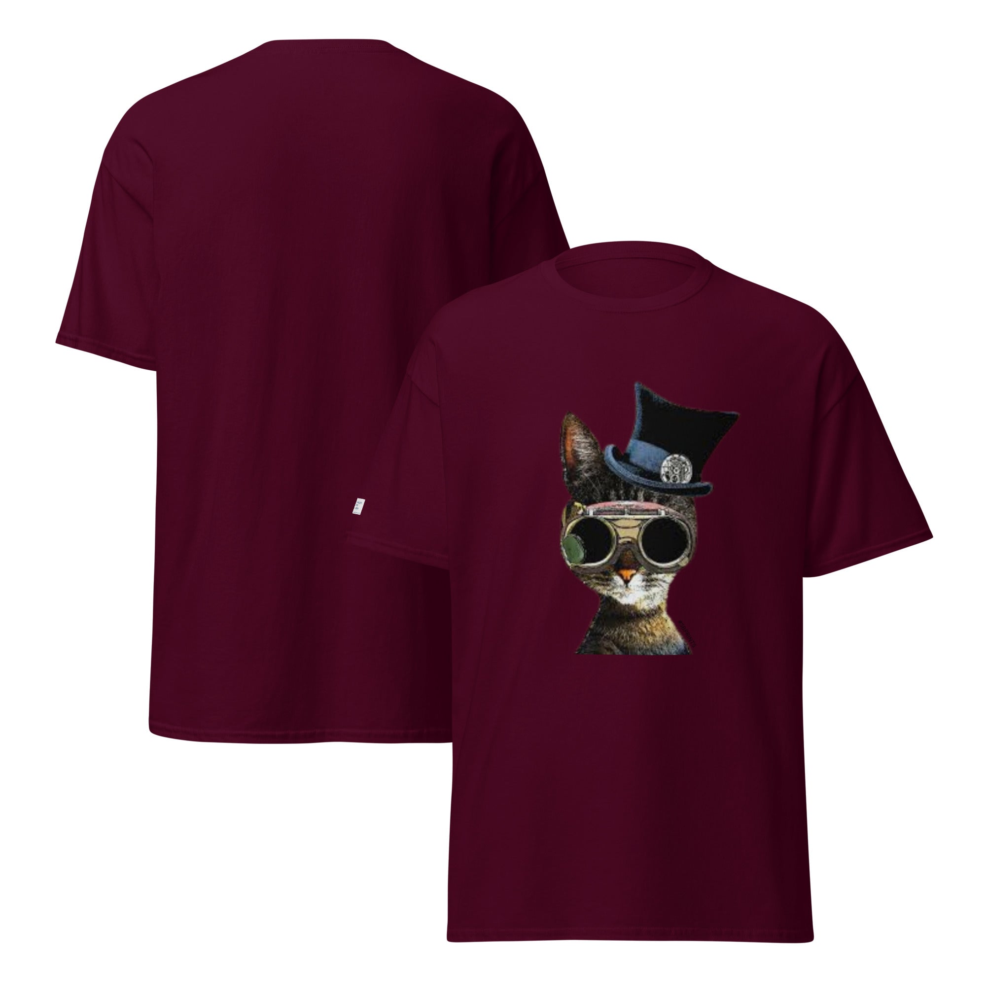 Maroon t-shirt with a cat wearing sunglasses and a top hat on a white background
