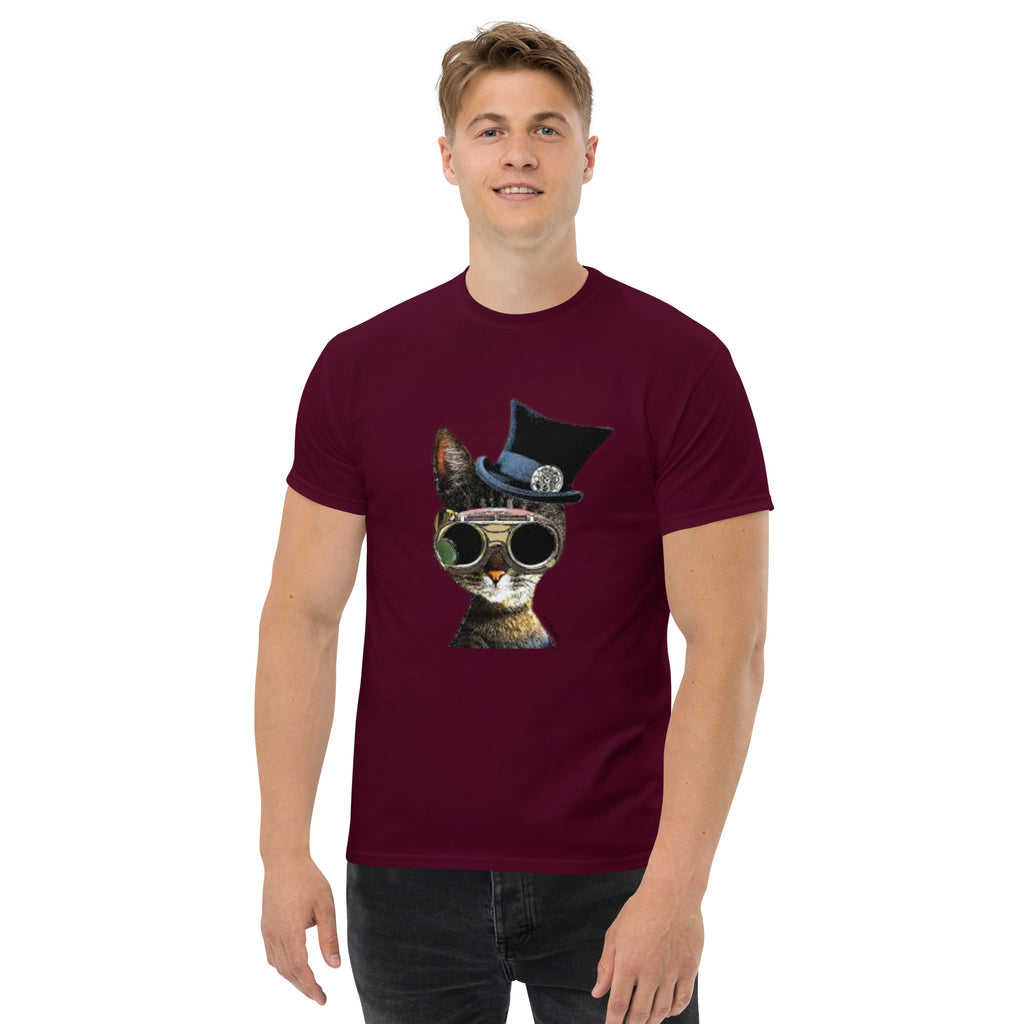 Man wearing a maroon t-shirt with a cat graphic design on a white background
