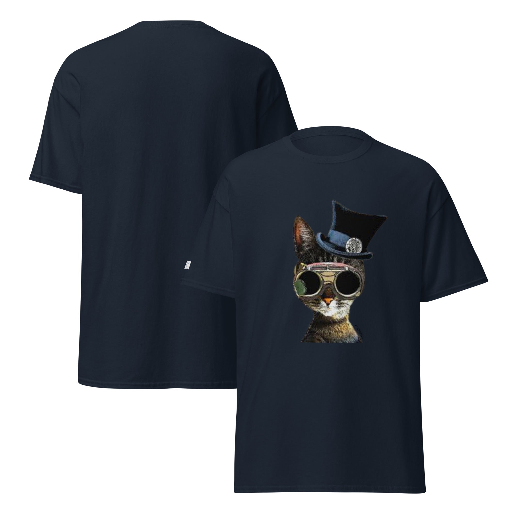 Black t-shirt with a cat wearing a top hat and goggles design on a white background