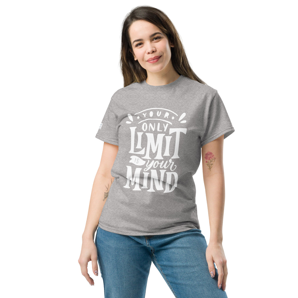 Woman wearing a gray t-shirt with motivational text on a white background