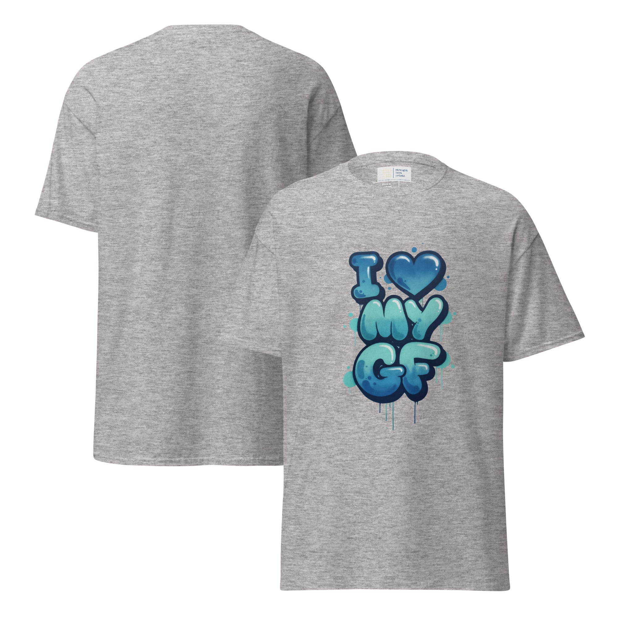 Gray t-shirt with 'I ❤️ MY GF' design on a white background