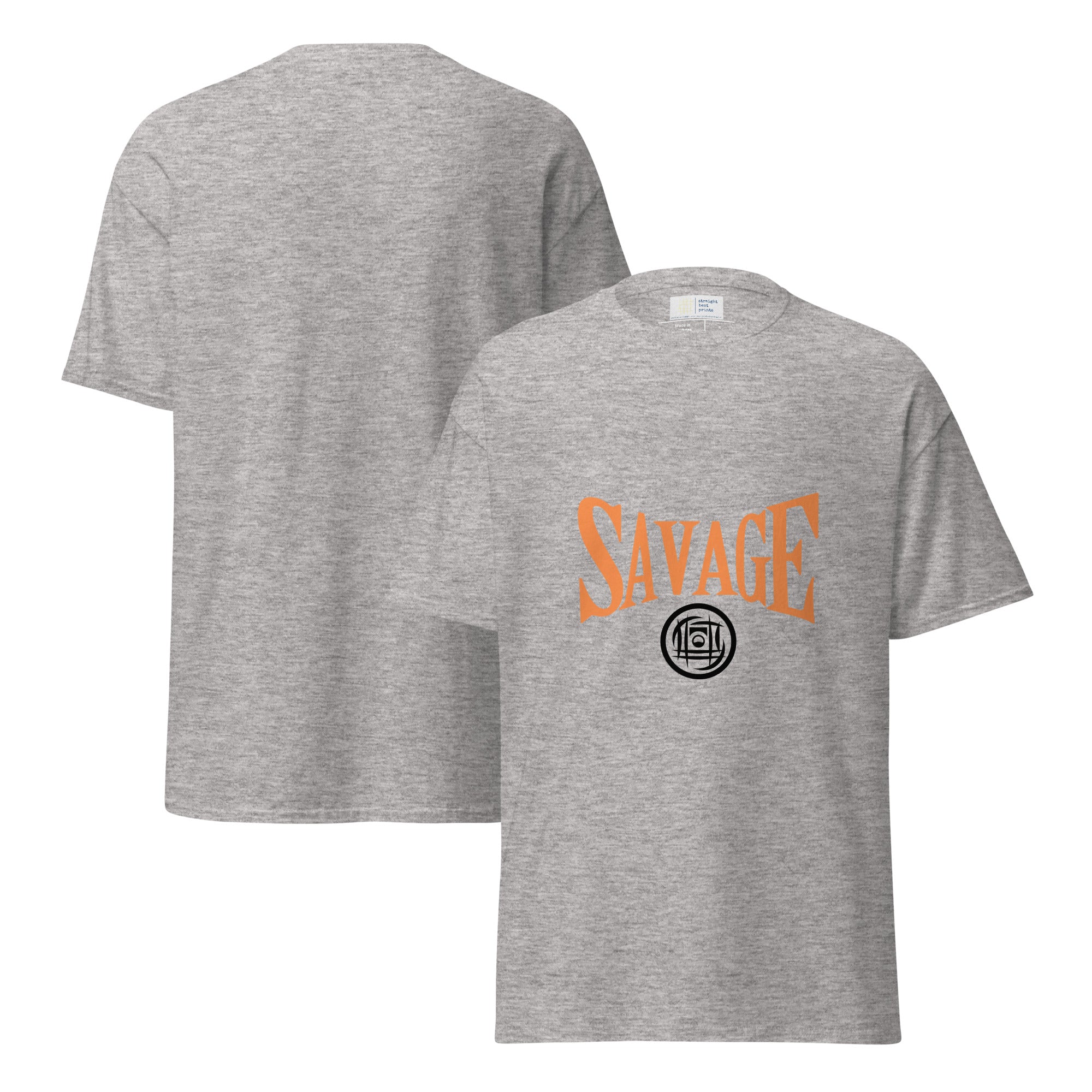 Gray t-shirt with 'SAVAGE' print on a white background