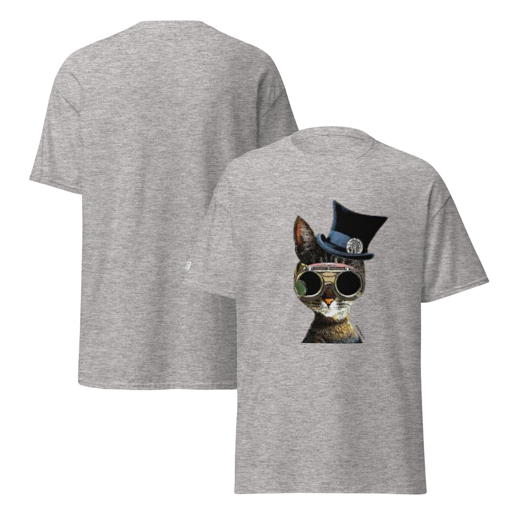 Gray t-shirt with a cat wearing sunglasses and a top hat on the front, shown from two angles.