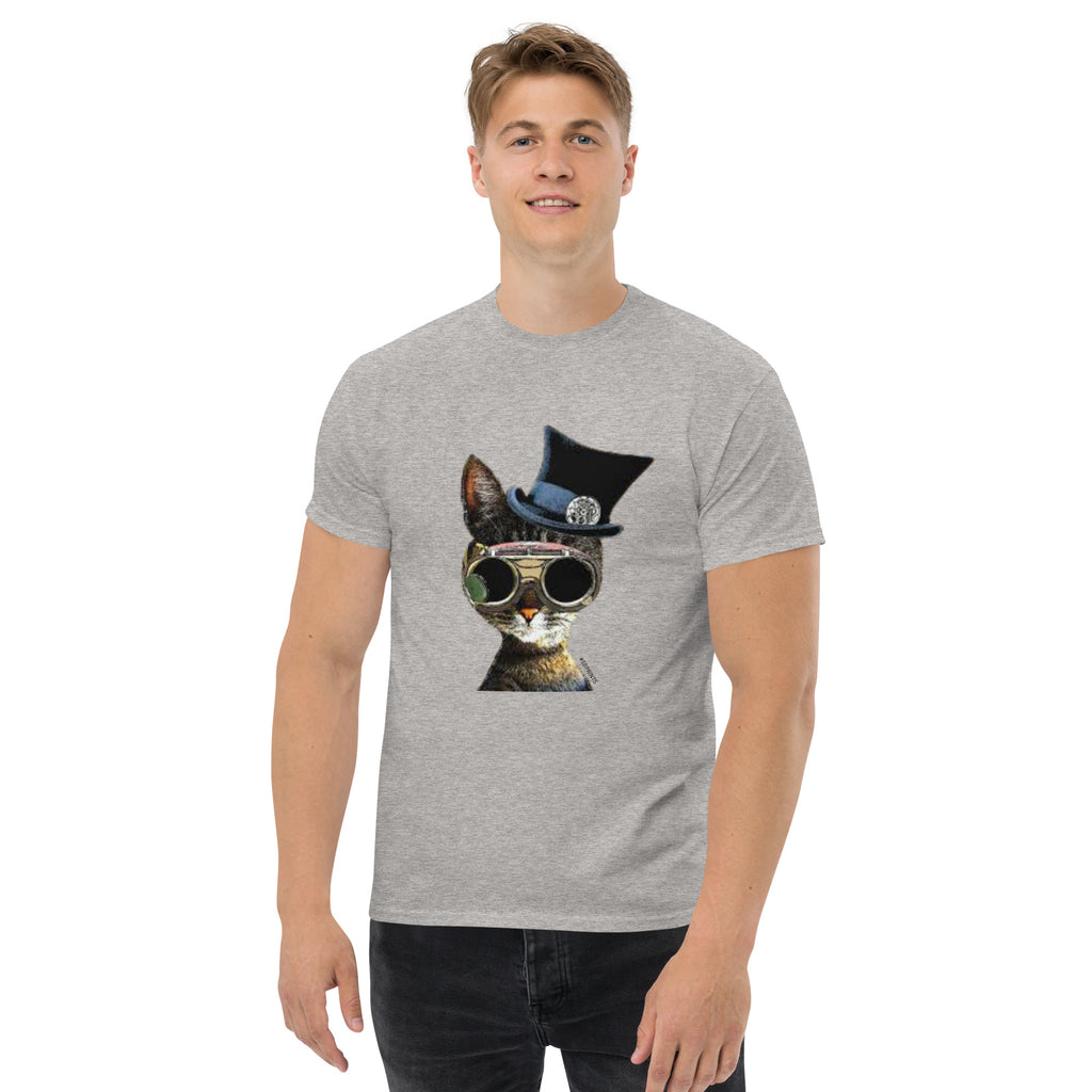 Person wearing a gray t-shirt with a cat graphic design featuring sunglasses and a hat.
