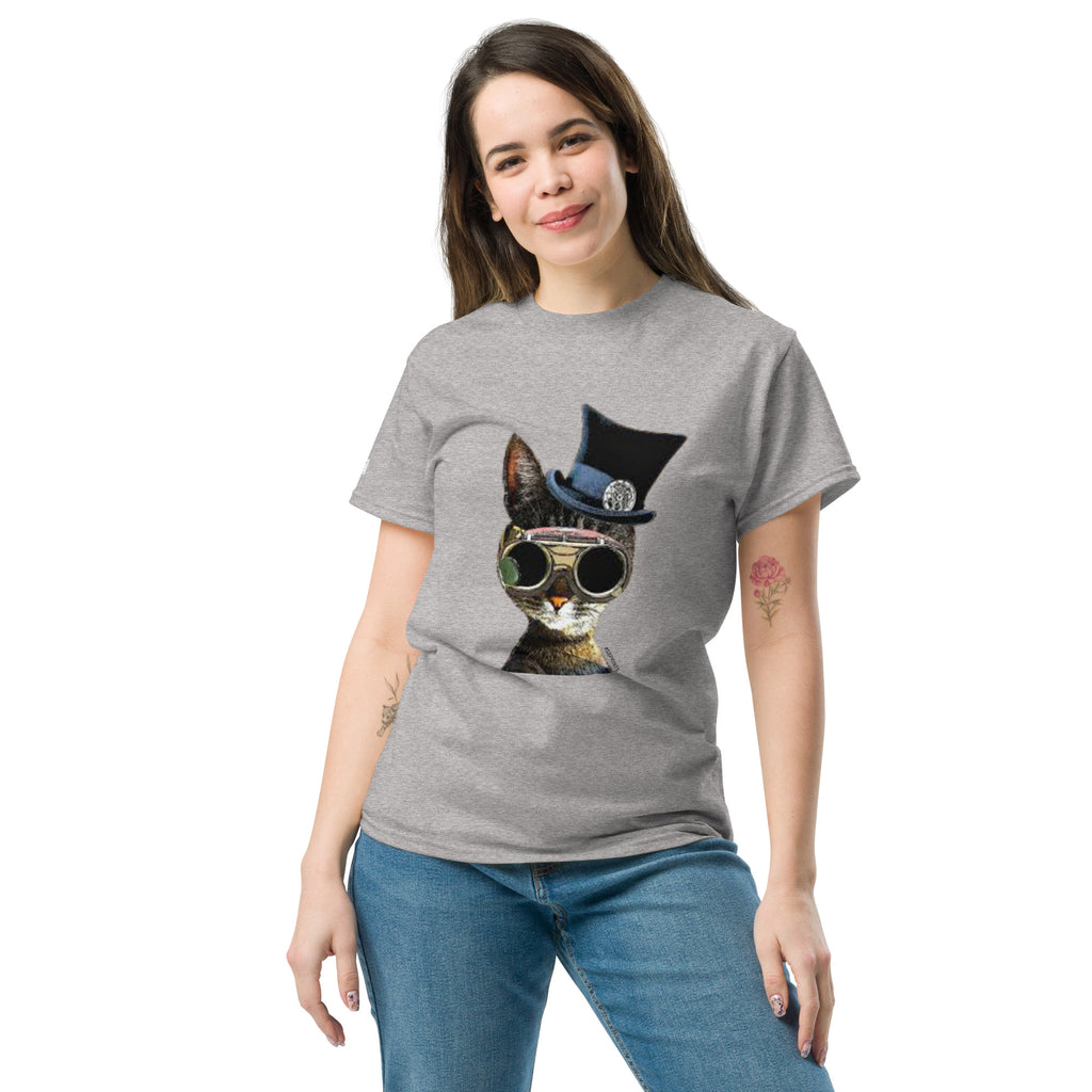 Woman wearing a gray t-shirt with a cat graphic design on a white background