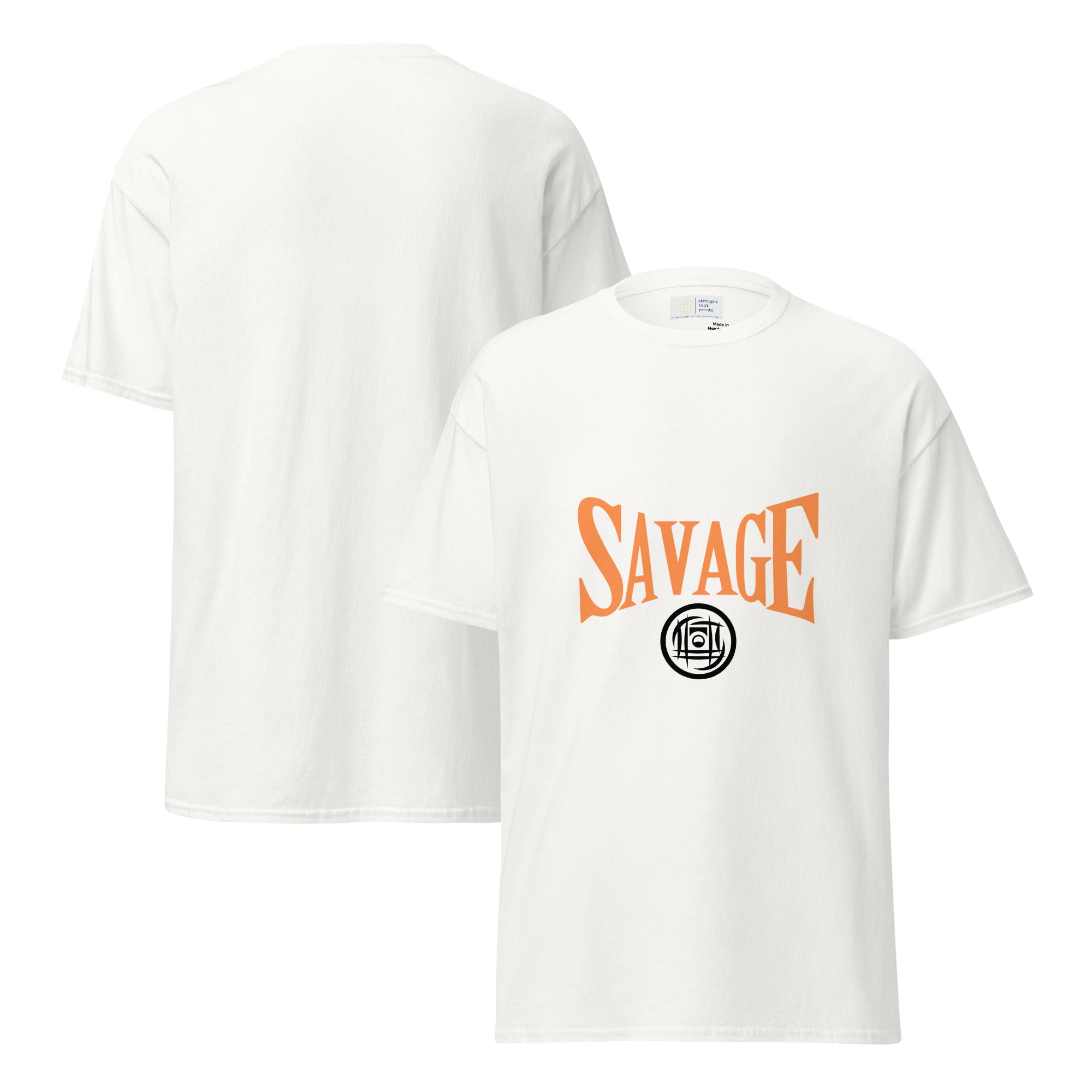 White t-shirt with 'SAVAGE' print on a white background