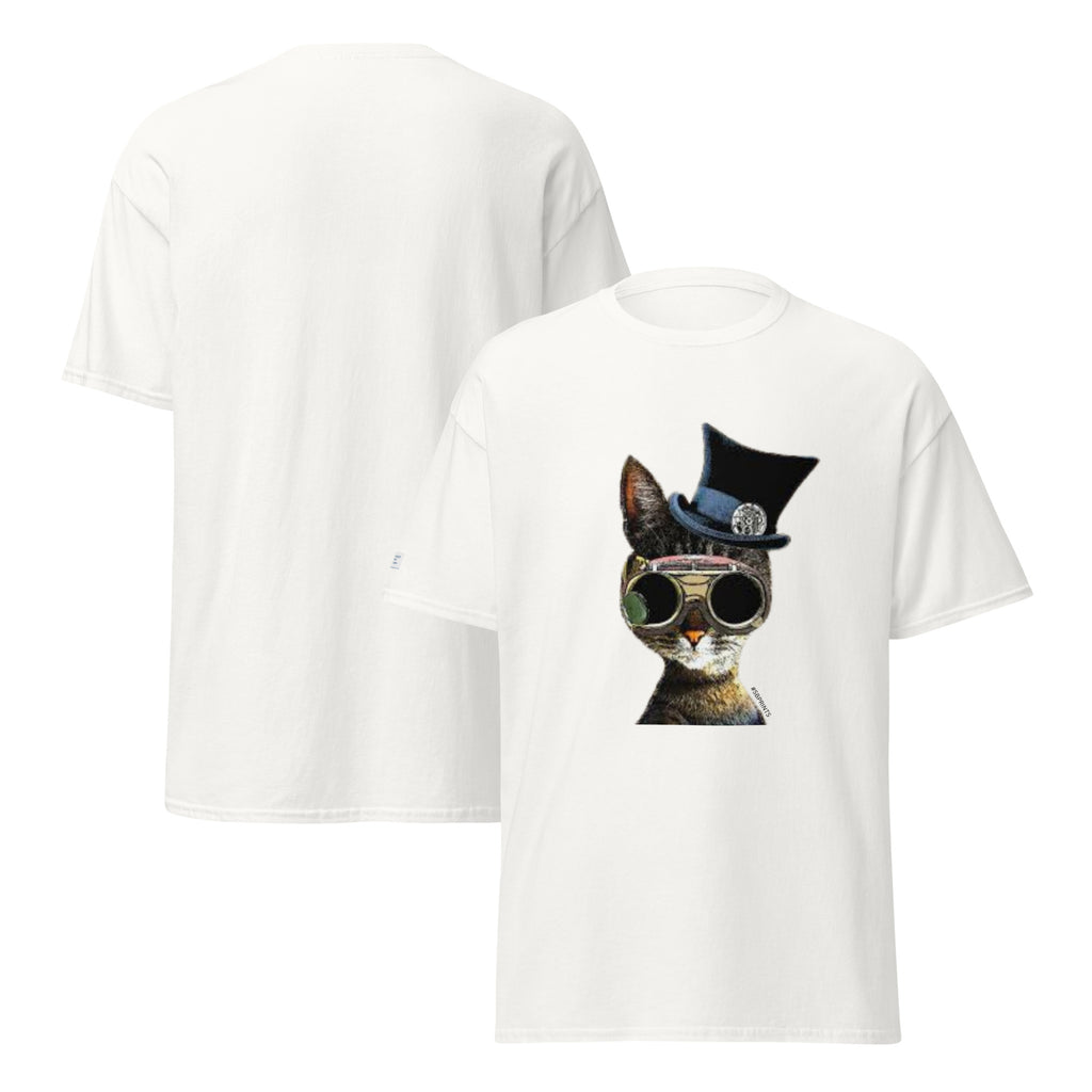 White t-shirt with a cat wearing sunglasses and a police hat design on a white background