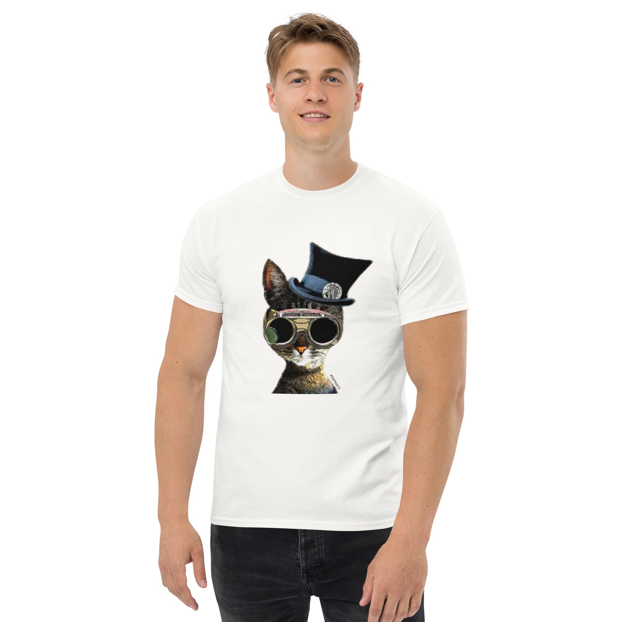Man wearing a white t-shirt with a cat graphic design featuring sunglasses and a top hat on a white background.