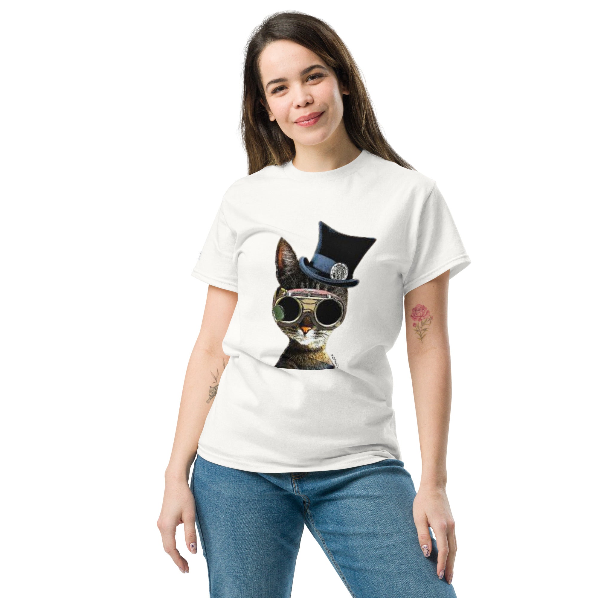 Woman wearing a white t-shirt with a cat graphic design on a white background