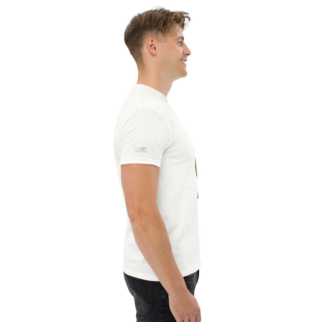 Man wearing a white t-shirt on a white background