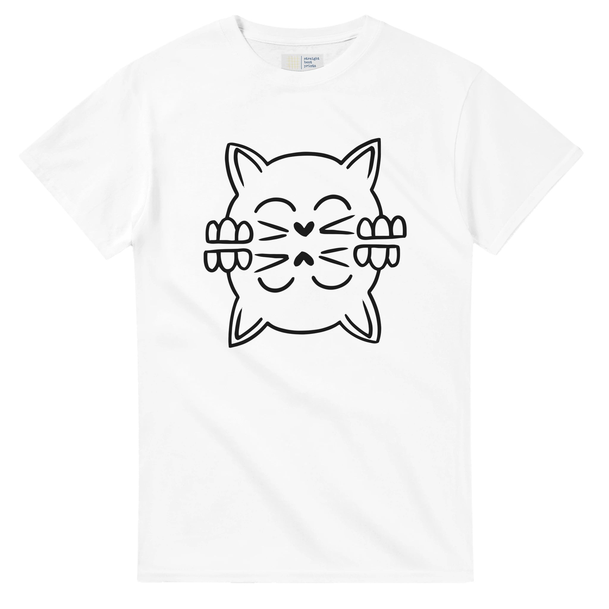 White t-shirt with a black cat graphic design on a white background