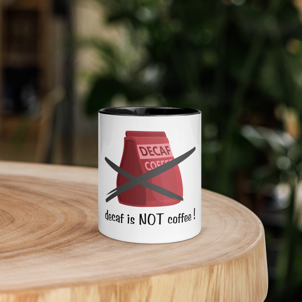 Mug with a decaf coffee design on a wooden surface