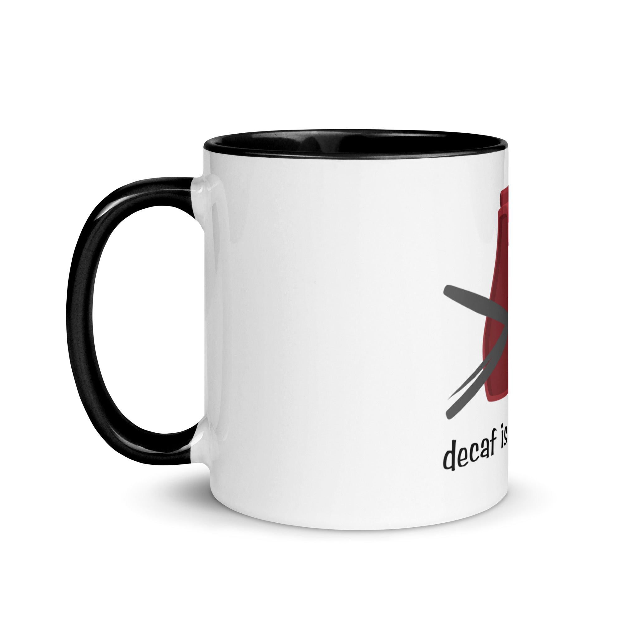White mug with black handle and interior, featuring a graphic of a coffee cup and the text 'decaf is better'.