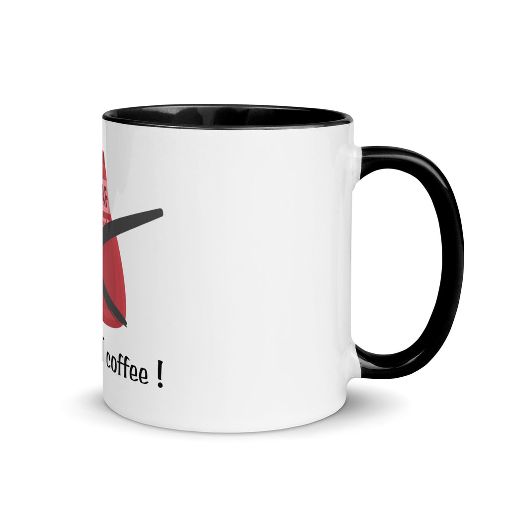 White mug with black handle and interior, featuring a red and black design on a white background.