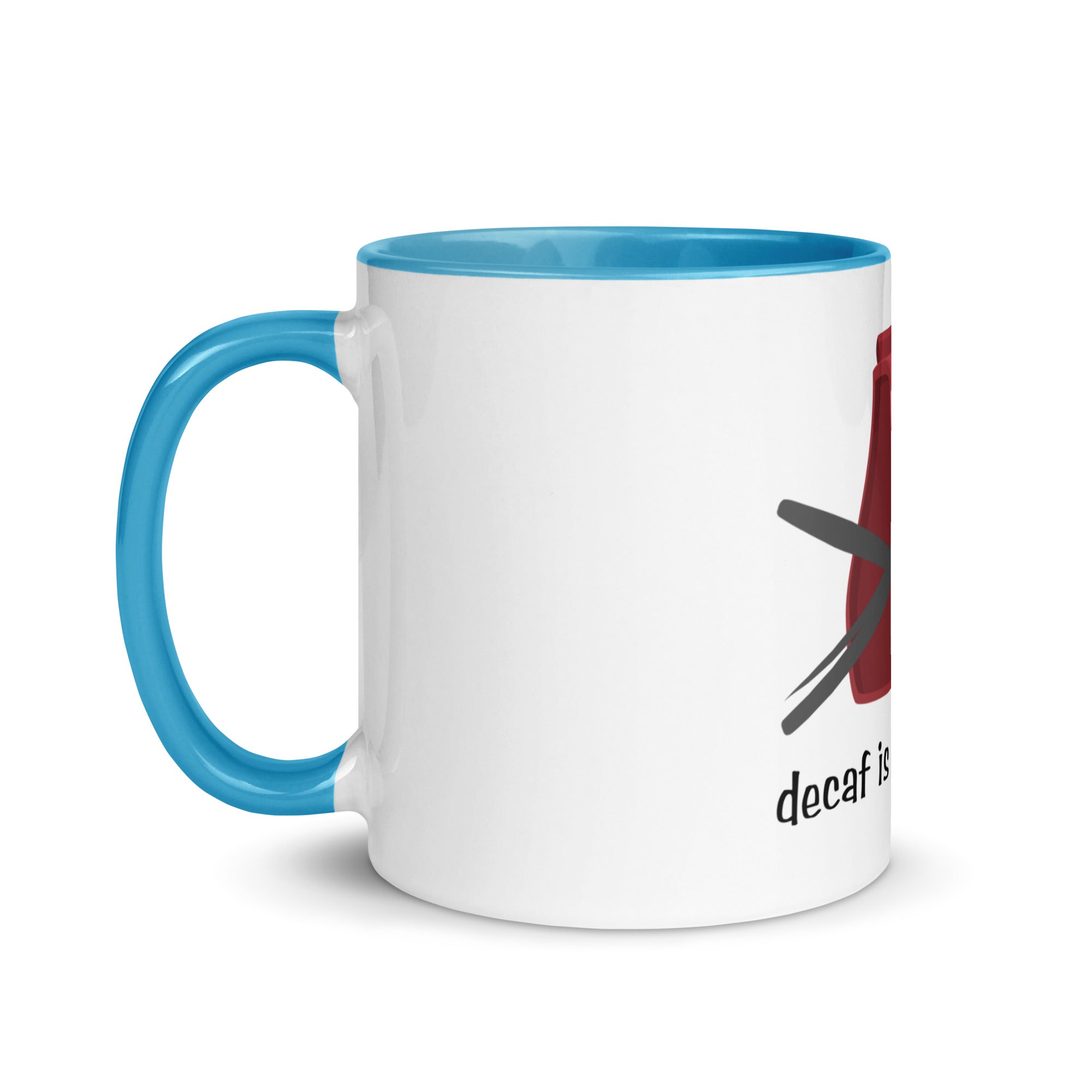 White mug with blue handle and interior, featuring a graphic and text on a white background