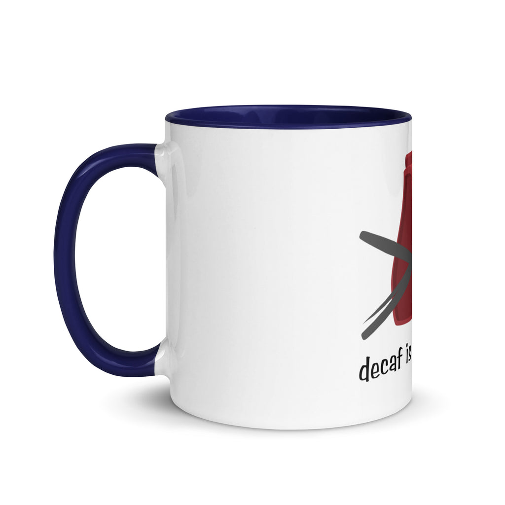 White mug with blue handle and interior, featuring a coffee cup graphic and 'decaf' text.