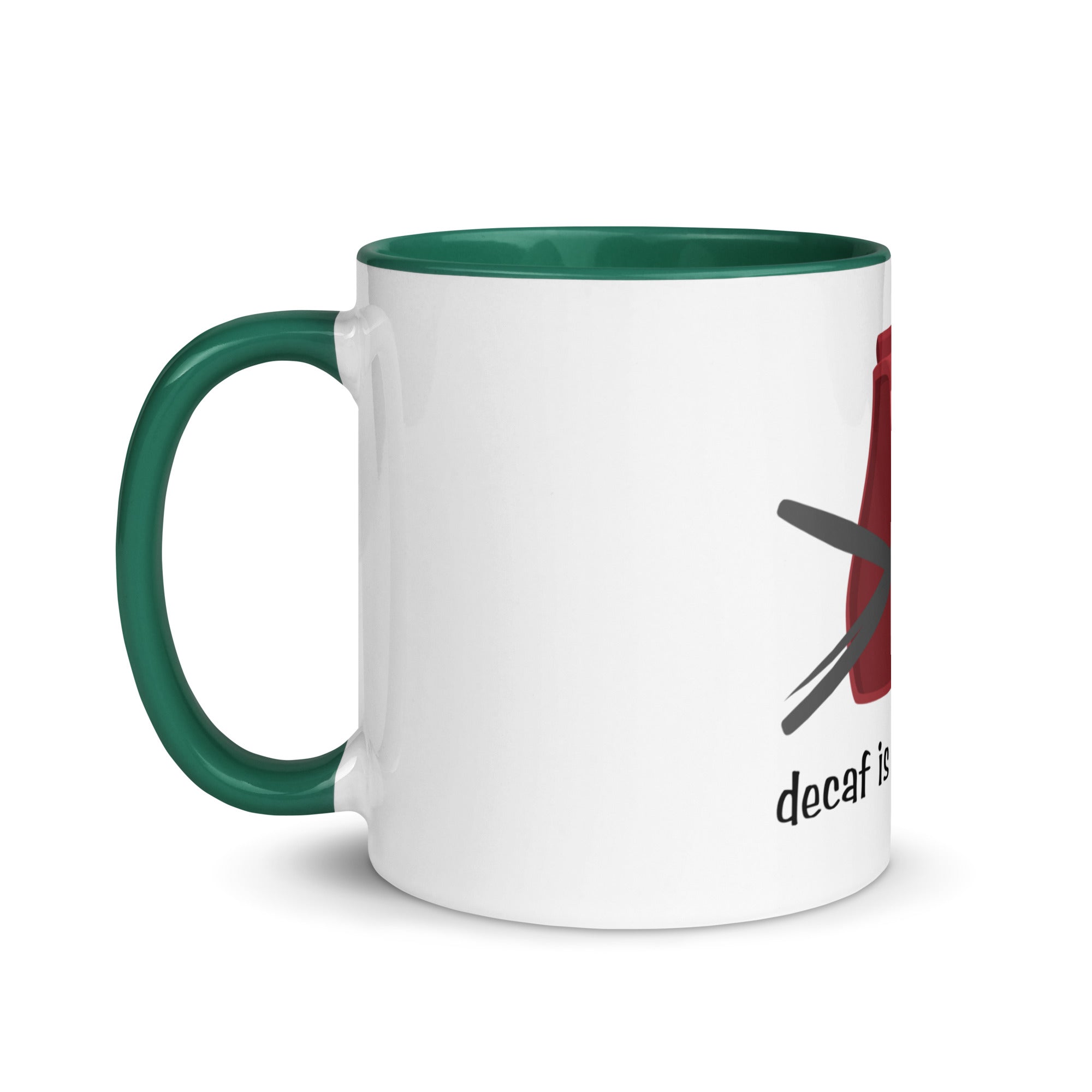 White mug with green handle and interior, featuring a graphic of a coffee cup and text on a white background.