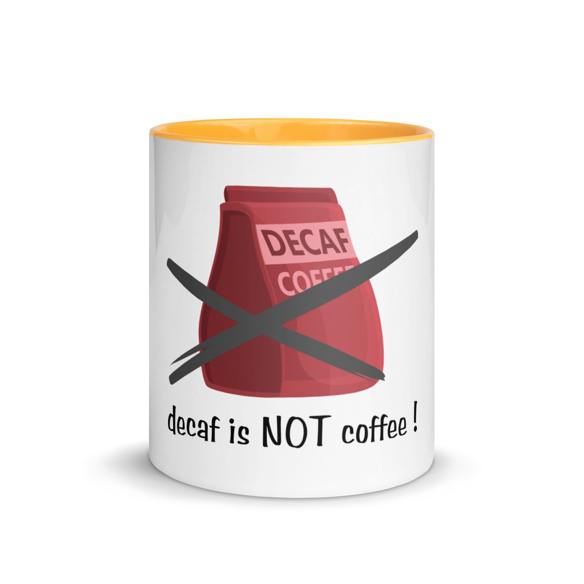 Mug with a decaf coffee bag graphic and text on a white background