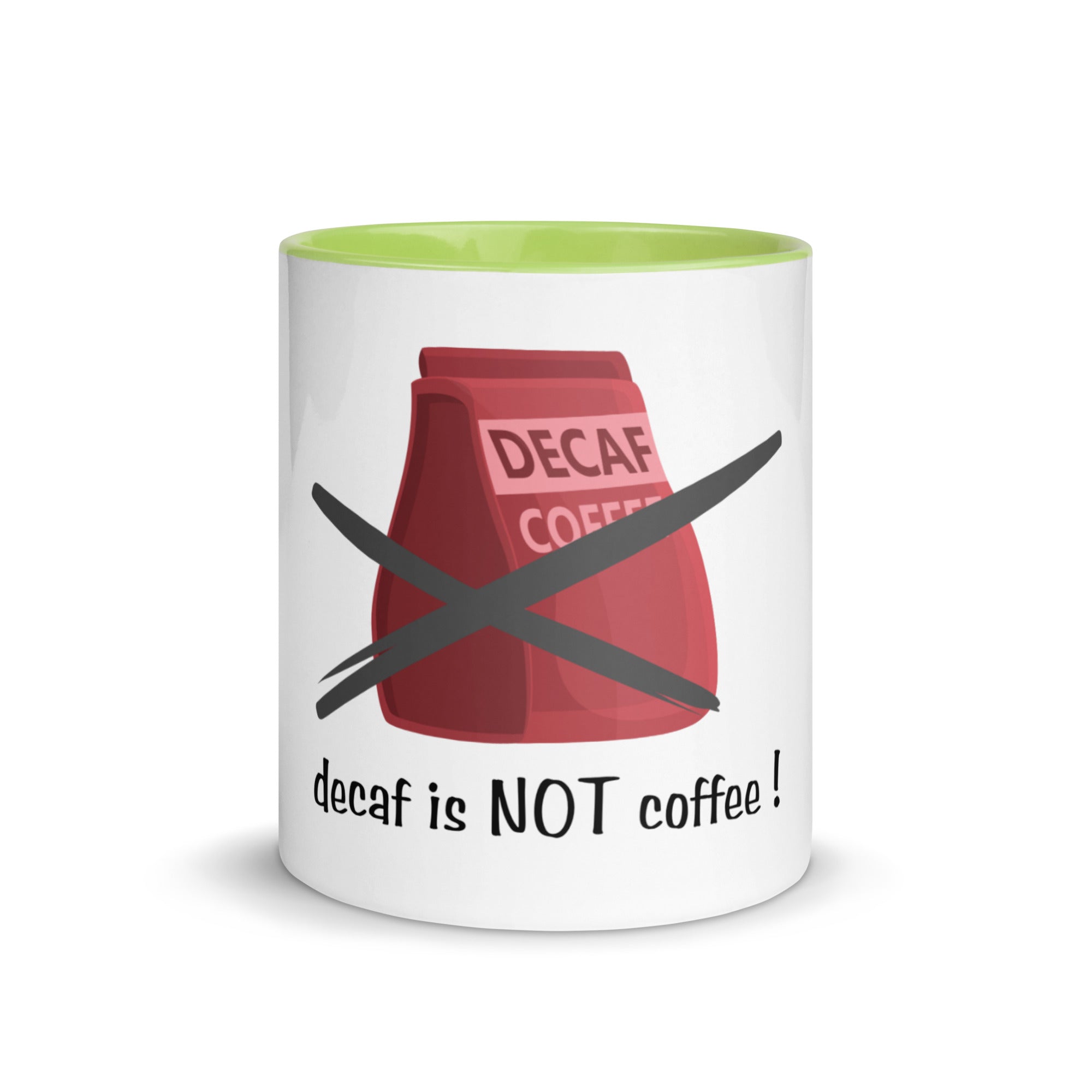 Mug with a decaf coffee bag graphic and text on a white background