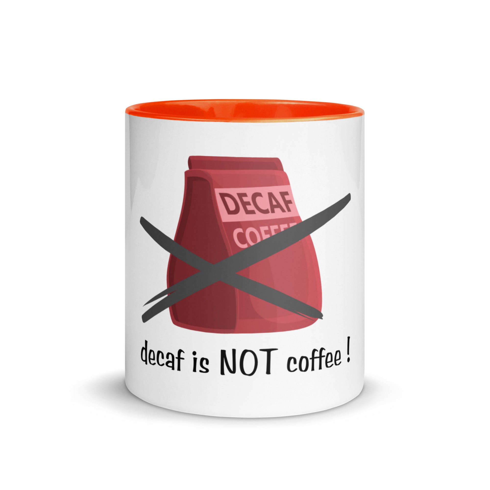 Mug with a decaf coffee design and text on a white background