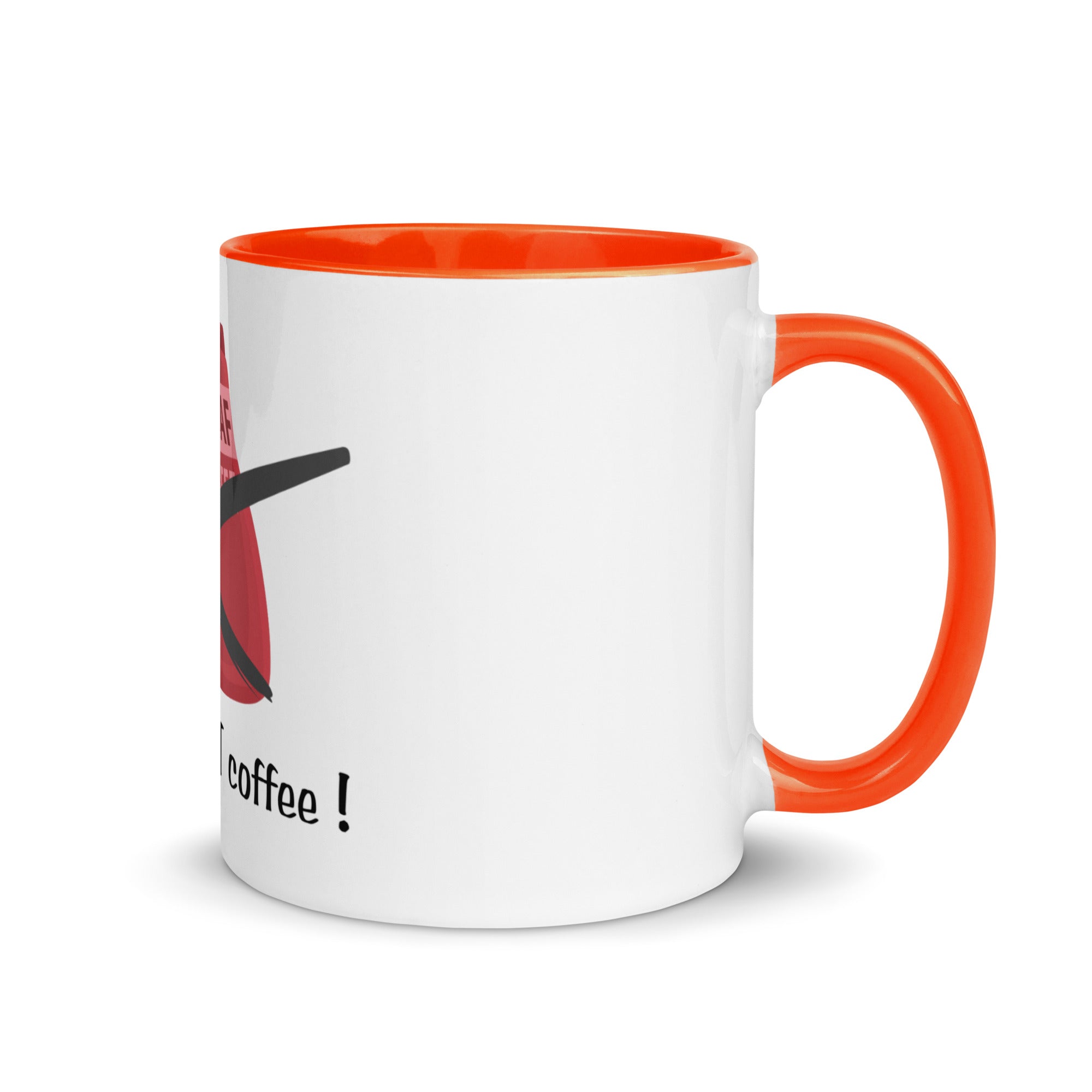 White mug with orange handle and interior, featuring a design and text on a white background